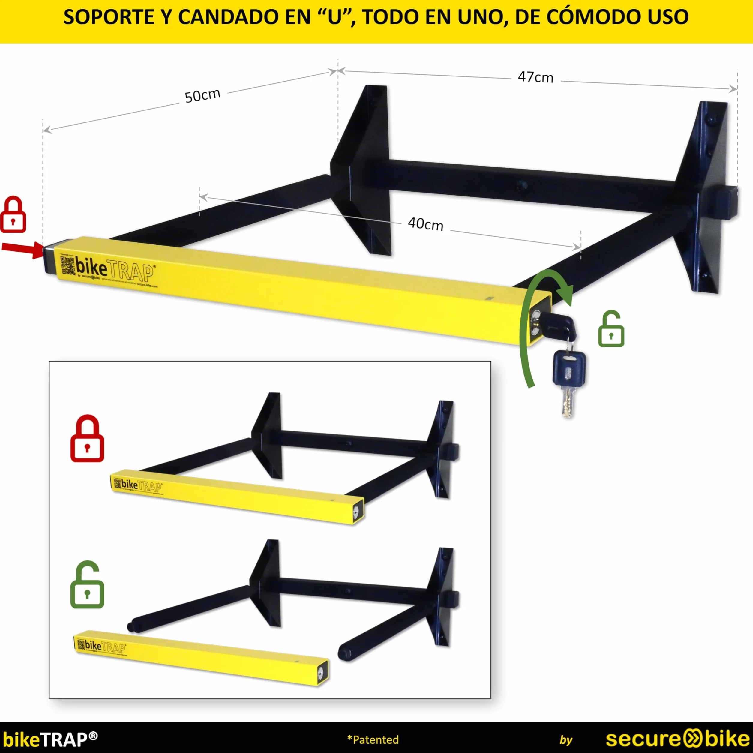 Soporte portabicicletas de Pared para Colgar hasta 2 bicis con Candado Antirrobo Alta Seguridad