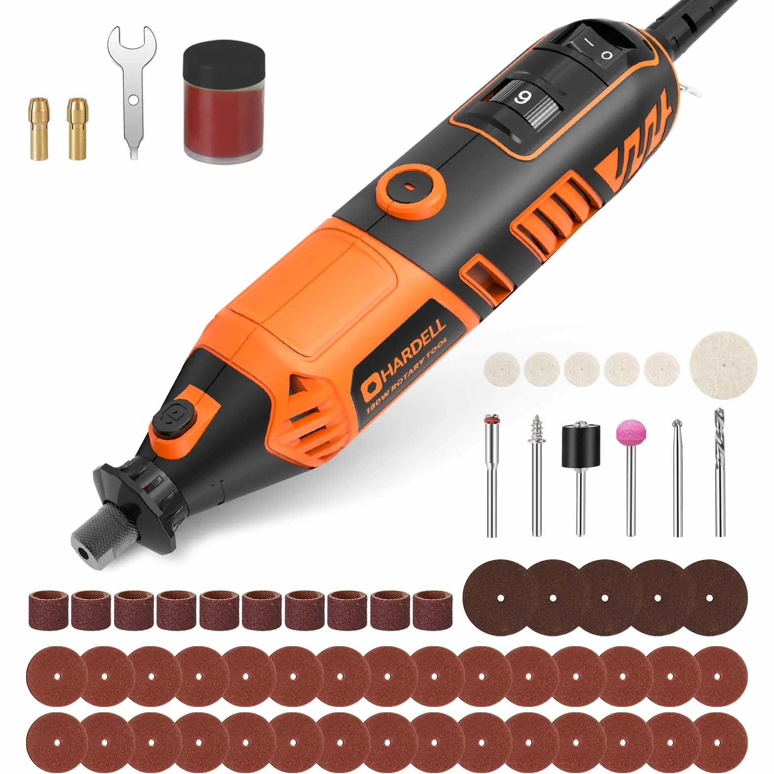 HARDELL Herramienta rotativa, mini taladro eléctrico de 180 W, 6 velocidades ajustables (8000-35000 RPM) con 61 accesorios, para lijar, pulir, cortar, grabar, tallar, bricolaje y aficiones.