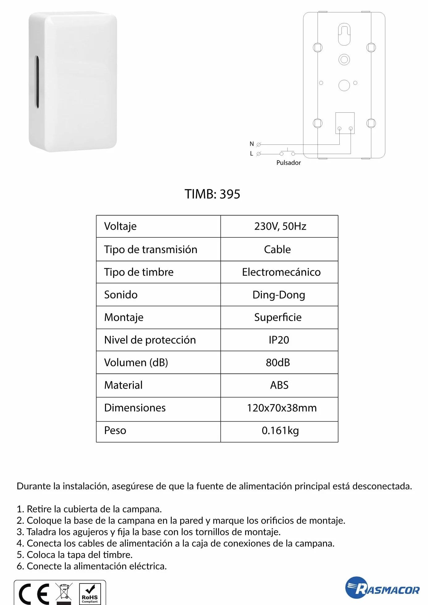 RASMACOR | Timbre Musical DING-DONG | Estilo Moderno - Tamaño reducido 120x70x38 mm | Color Blanco | Gran poder de sonido 80Db 230v | Montaje en superficie | IP20