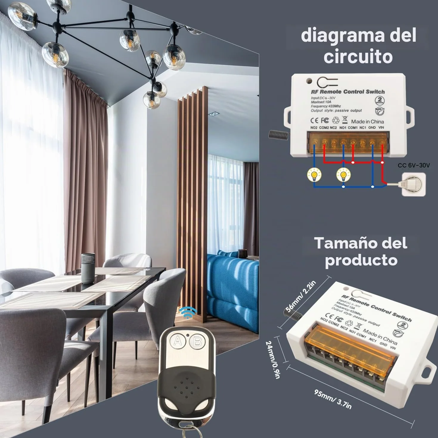 DieseRC Interruptor de mando a distancia de Relé Inalámbrico de 2 Canales 433MHz RF DC 5V 12V 24V 30V 10A Receptor de relé con 2 Control Remoto Transmisores, Terminal Grande Cableado Fácil