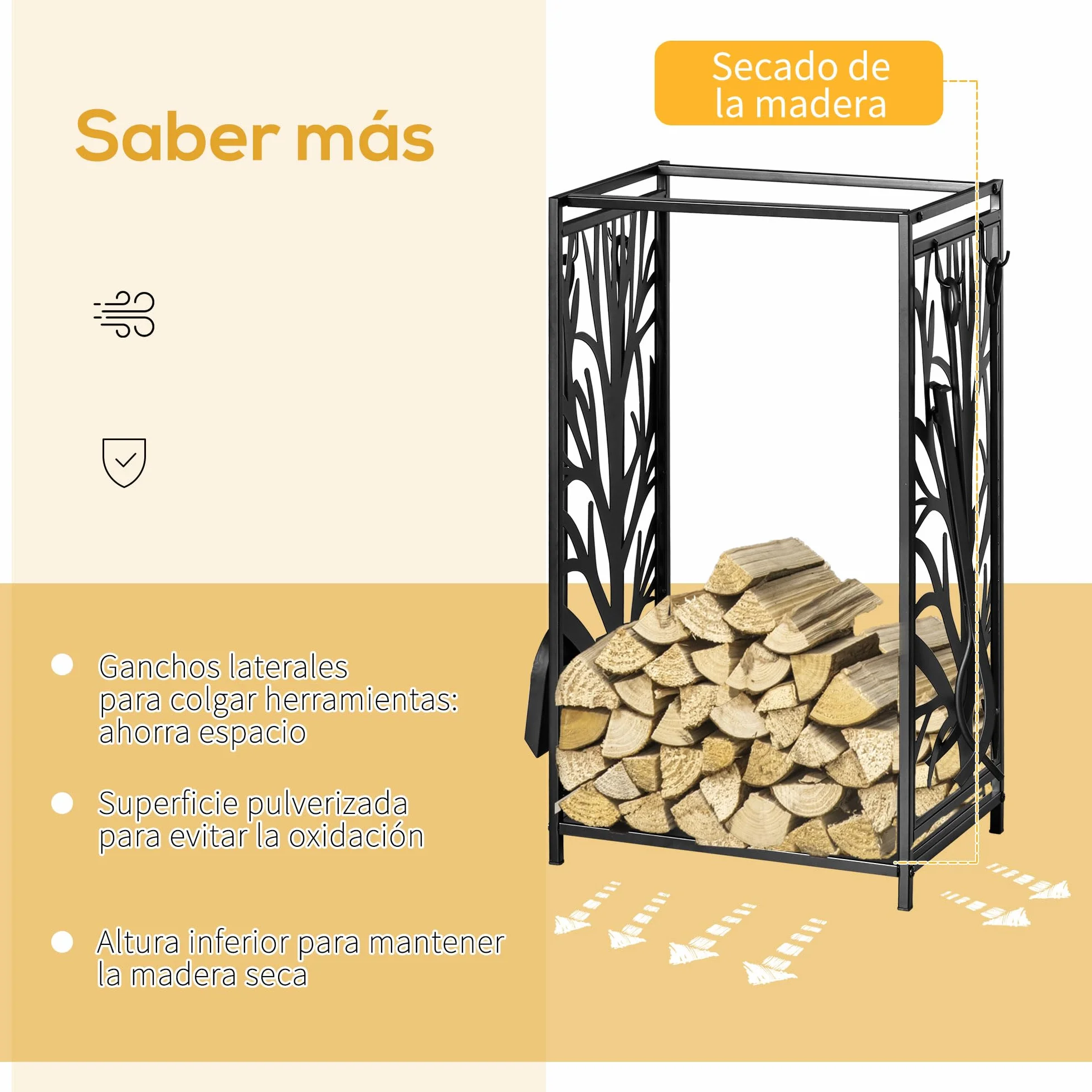 HOMCOM Estante para Leña Estantería de Almacenamiento para Chimenea Soporte para Leña con 4 Herramientas para Interior y Exterior 46x30x70 cm Carga 100 kg Negro