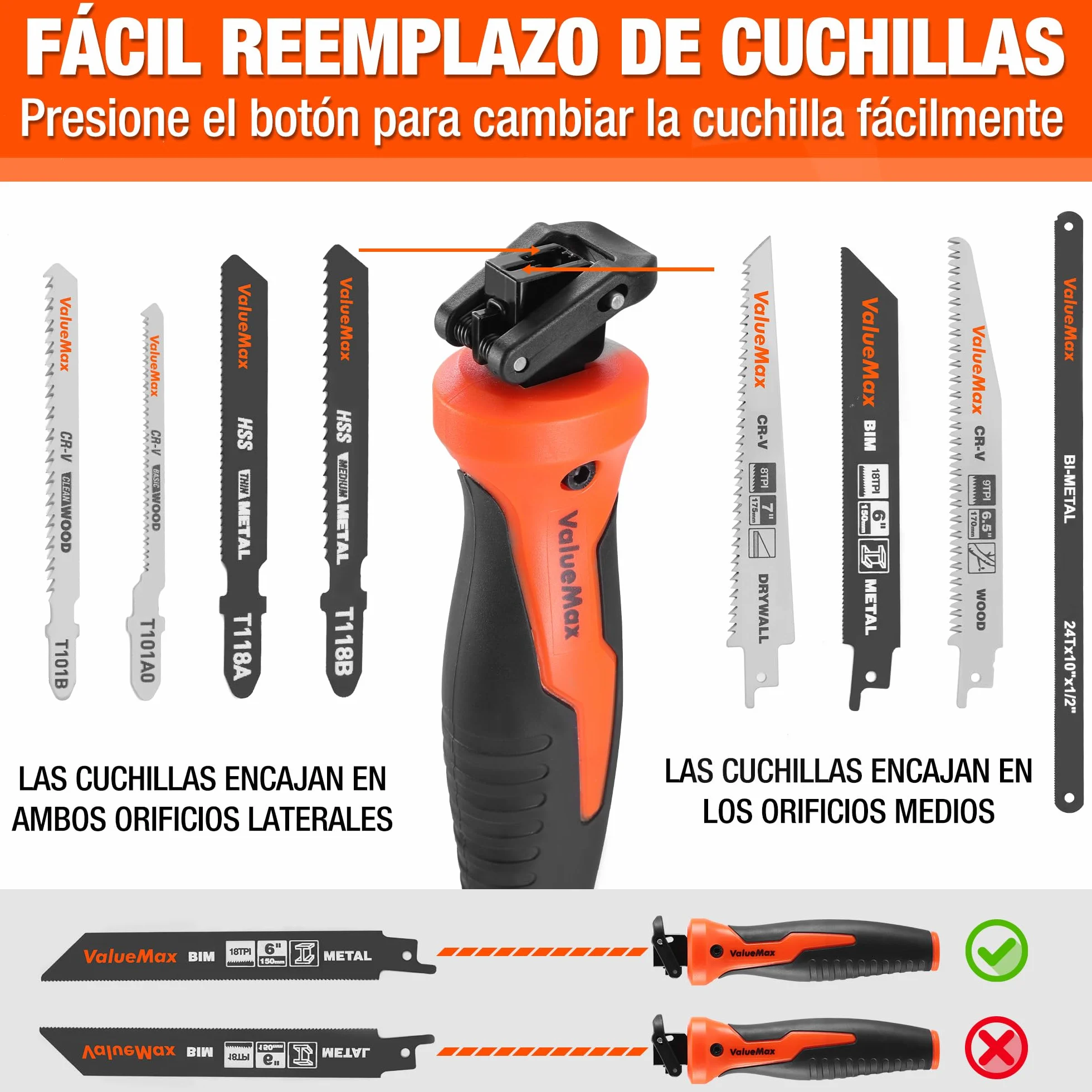 ValueMax Sierra de Mano Multifunción 8 en 1 con 8 Hojas de Sierra, Mango Ergonómico, Estructura Segura, Para Cortar Madera, Metal, Yeso, Paneles de Yeso y Más