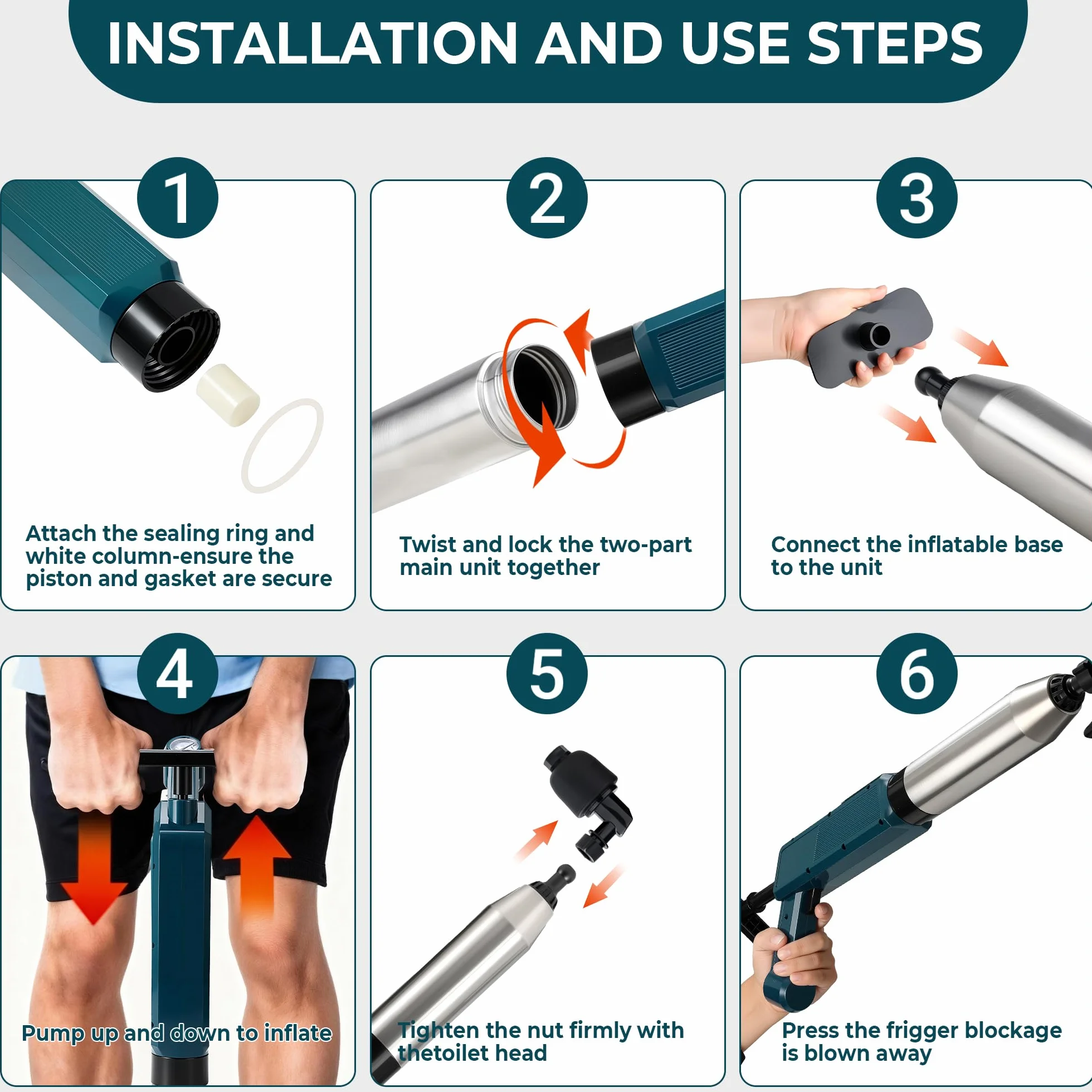 OLAX Desatascador de Tuberías con Aire Comprimido, Desatascador Profesional con 4 Cabezas de Pistón e Inflador, Kit de Desatascador wc para Inodoro, Lavabo, Ducha, Bañera y Fregadero de Cocina