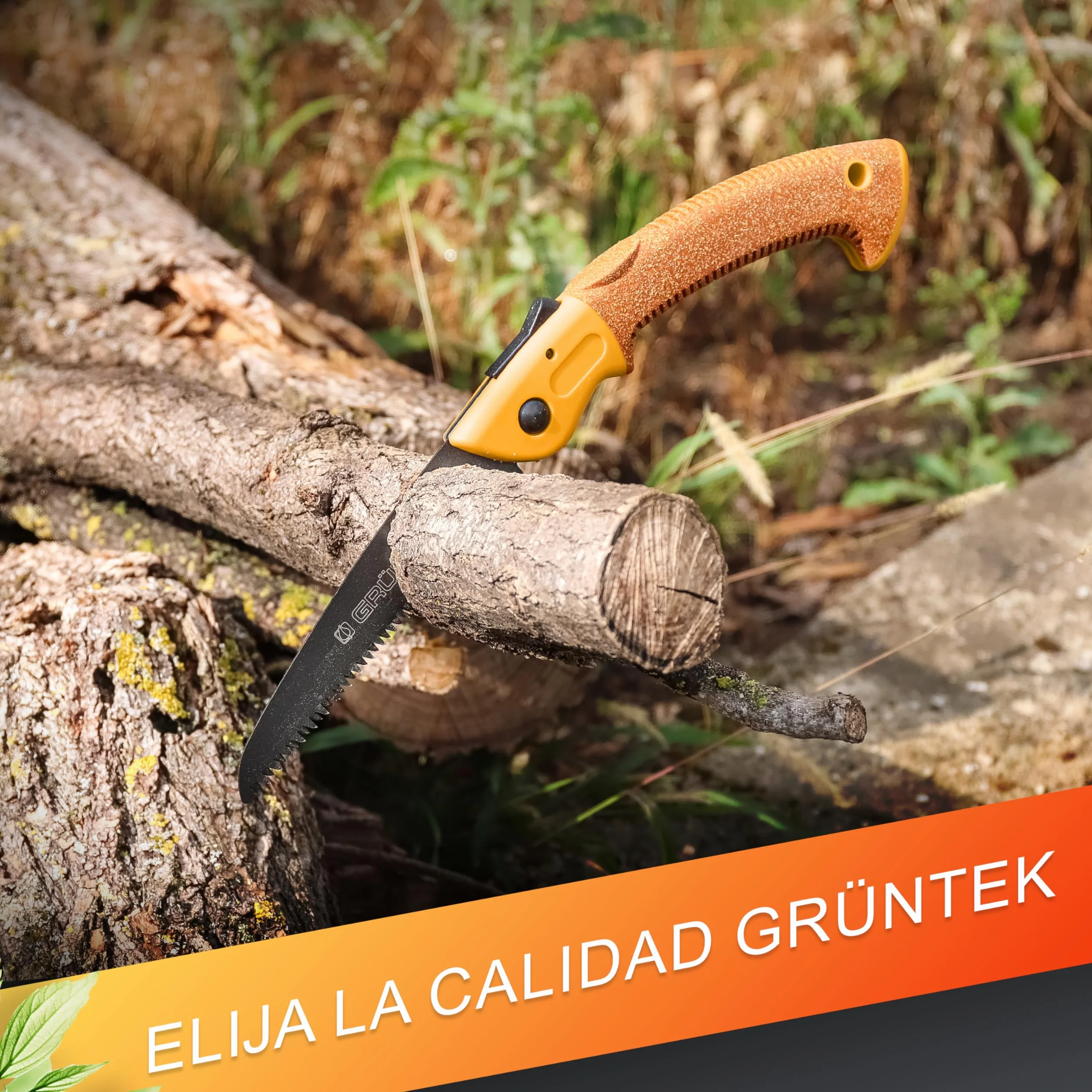 GRÜNTEK Sierra Plegable de Poda 180 mm Mango de Corcho Hoja de TEFLON y Acero