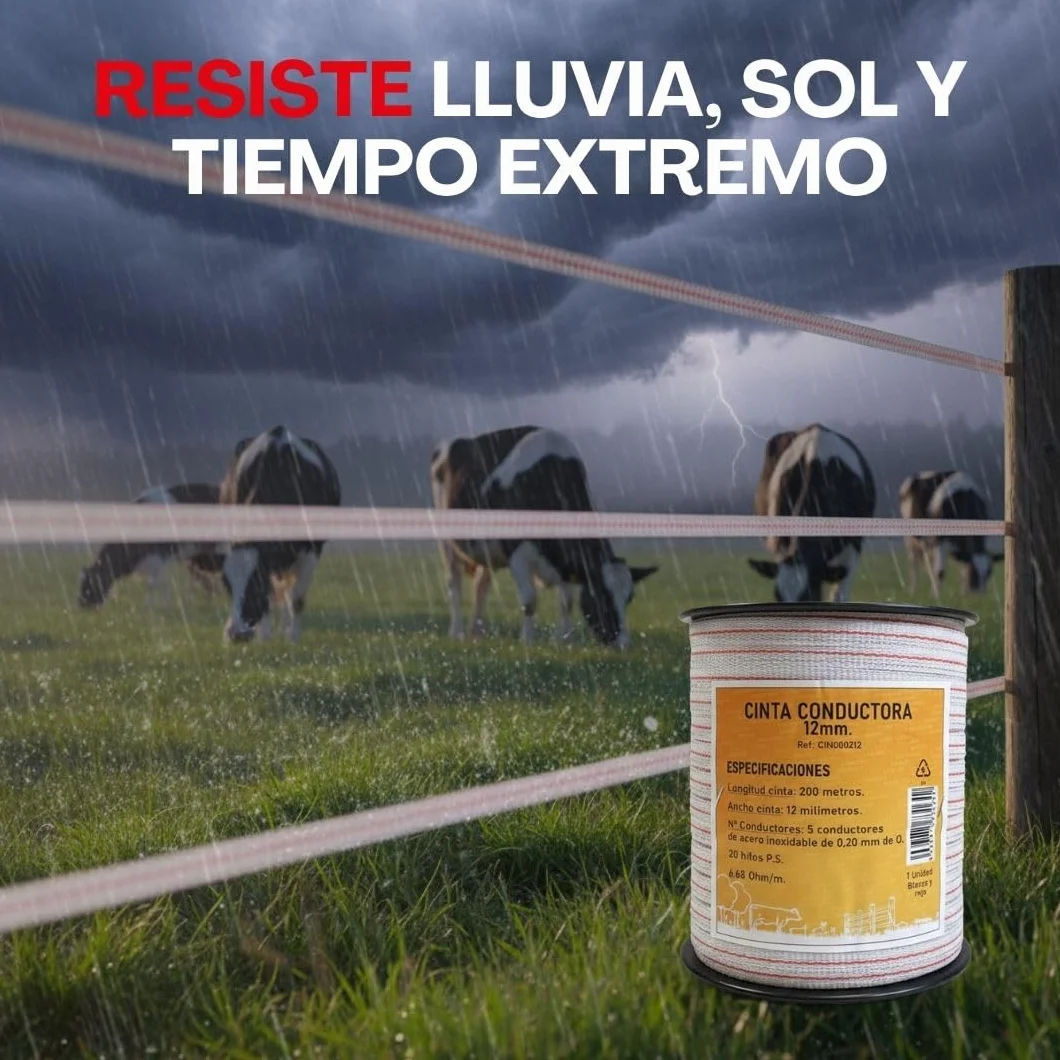 Llampec Hilo Pastor Eléctrico 200 m x 12 mm Cinta 5 Conductores Acero Inoxidable Resistencia UV Cable Valla Eléctrica