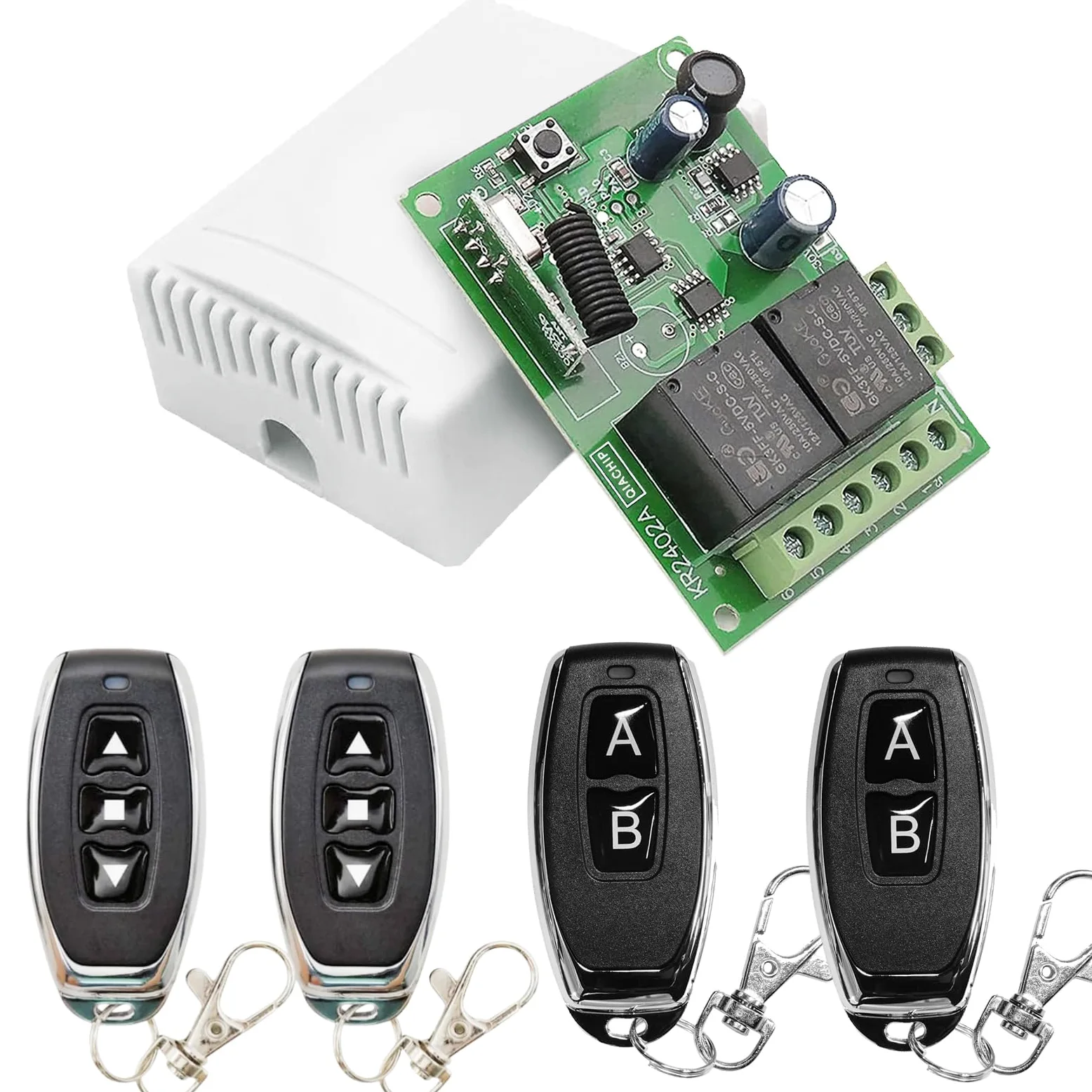 QIACHIP Interruptor de Control Remoto Relé inalámbrico DC 6V 12V 24V 30V 2 Canales,Modulo Receptor RF 433 mhz y 4 Transmisor mando a distancia,para Motor Puerta Garaje, Cortina eléctrica, luz