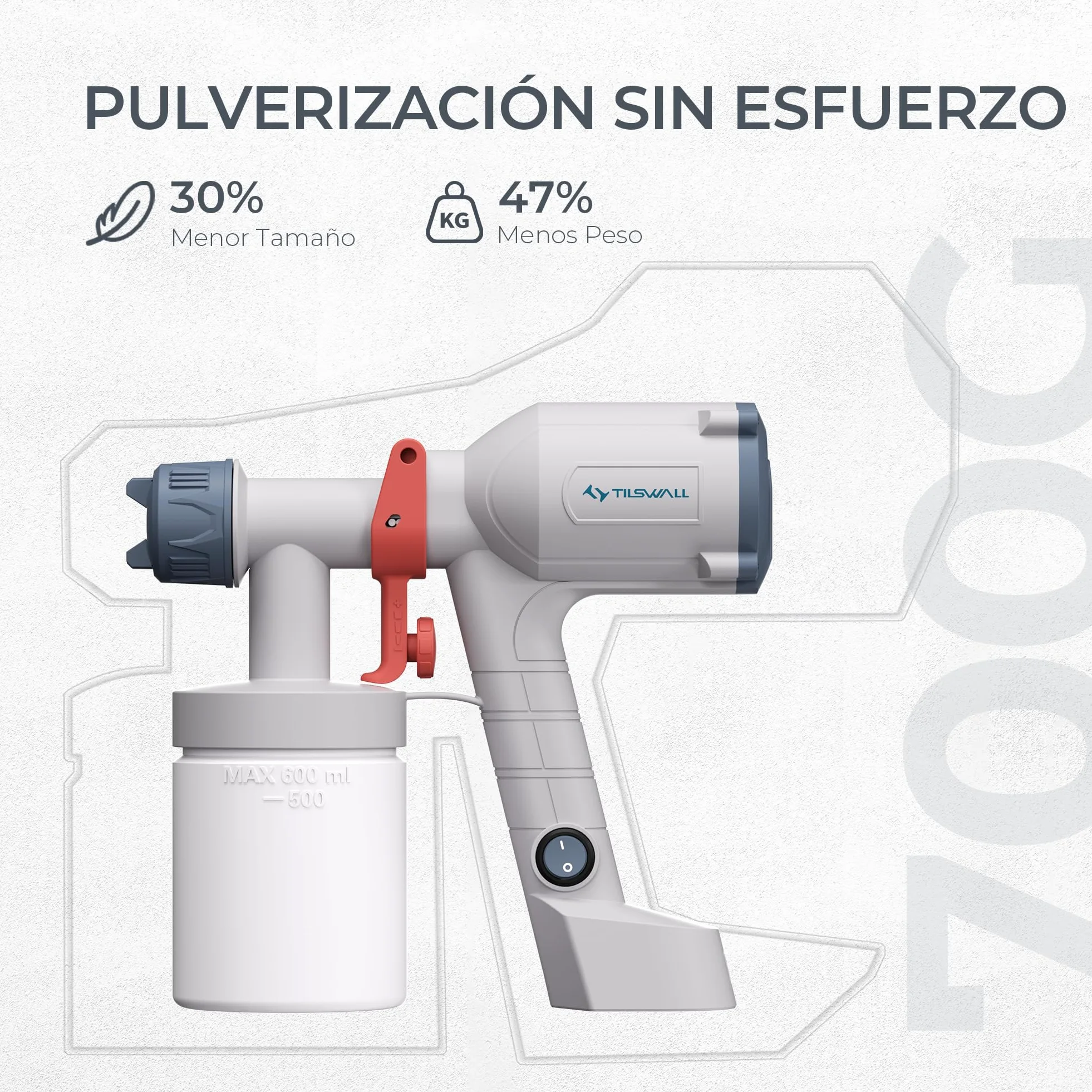 Tilswall Pistola de Pintura Eléctrica - Pulverizador de Pintura Ultraligera con Tanque Desmontable De 600ml, 2 Boquillas & 3 Modos, Paredes, Techos, Muebles, Vallas, Cáscara de Huevo