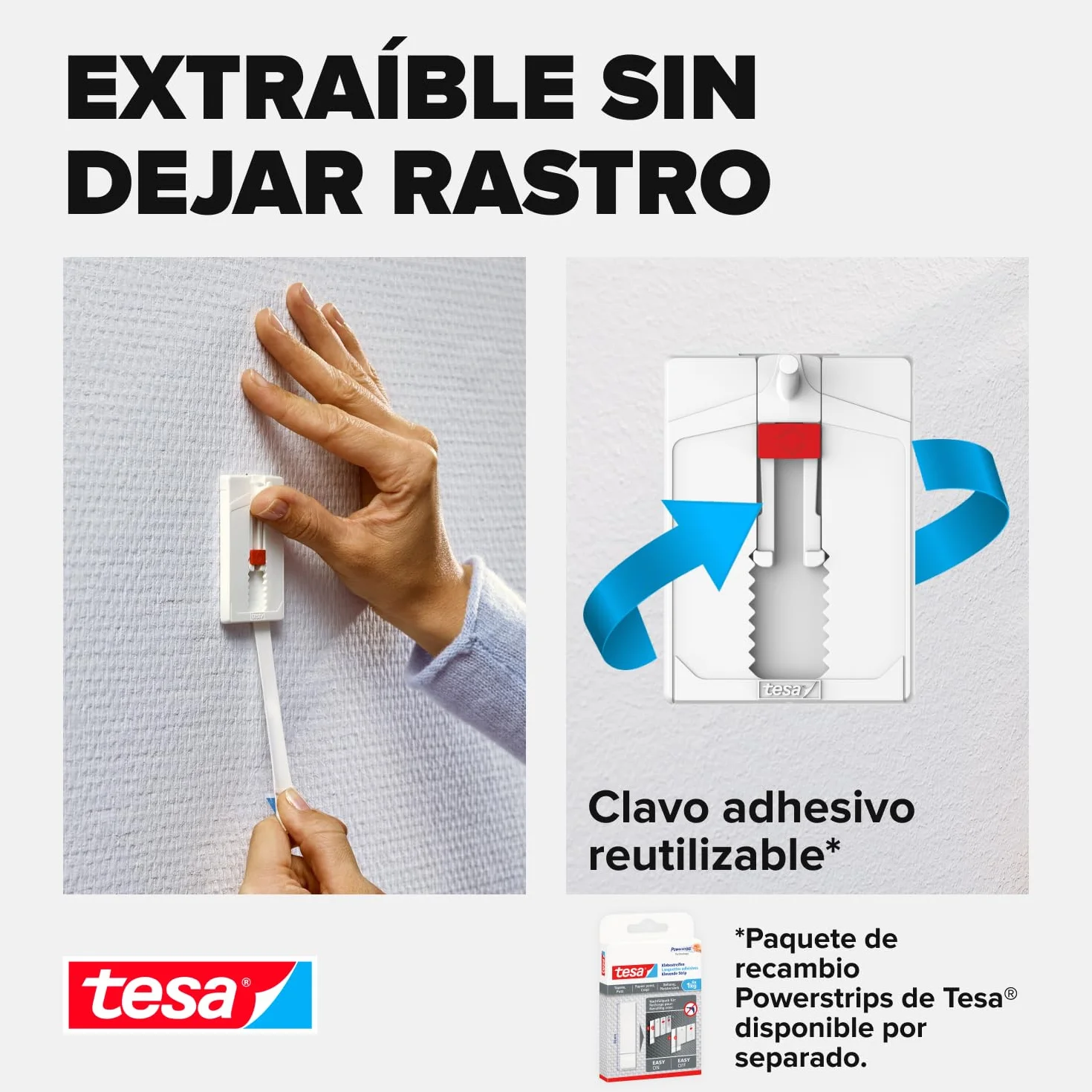 tesa Clavo Adhesivo Ajustable para Paredes Pintadas y Yeso 2 kg, Colgador con Altura Ajustable Sin Perforaciones, Paquete con 2 Clavos Adhesivos y 6 Tiras