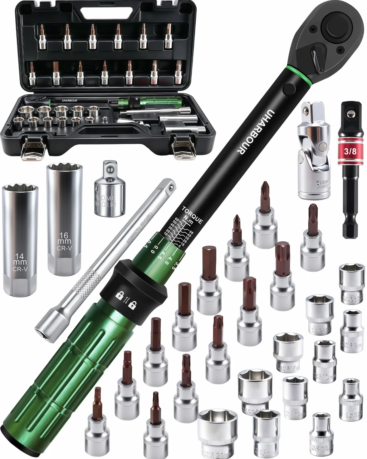Uharbour Llave dinamométrica de 3/8 pulgadas, 5-60 Nm, 31 piezas, juego de llaves dinamométricas para motocicleta, ± 3% de precisión con extensiones, llaves de vaso y adaptador, carraca de 72 dientes