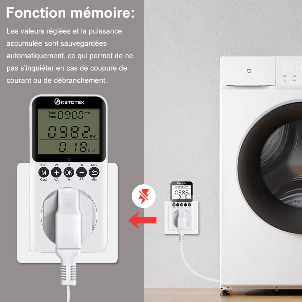 KETOTEK Medidor de Consumo Electrico, Enchufe Monitor de Electricidad con Pantalla LCD Retroiluminada, Medidor de Costo de Electricidad Medidor de Energía con 3680W Protección contra Sobrecarga