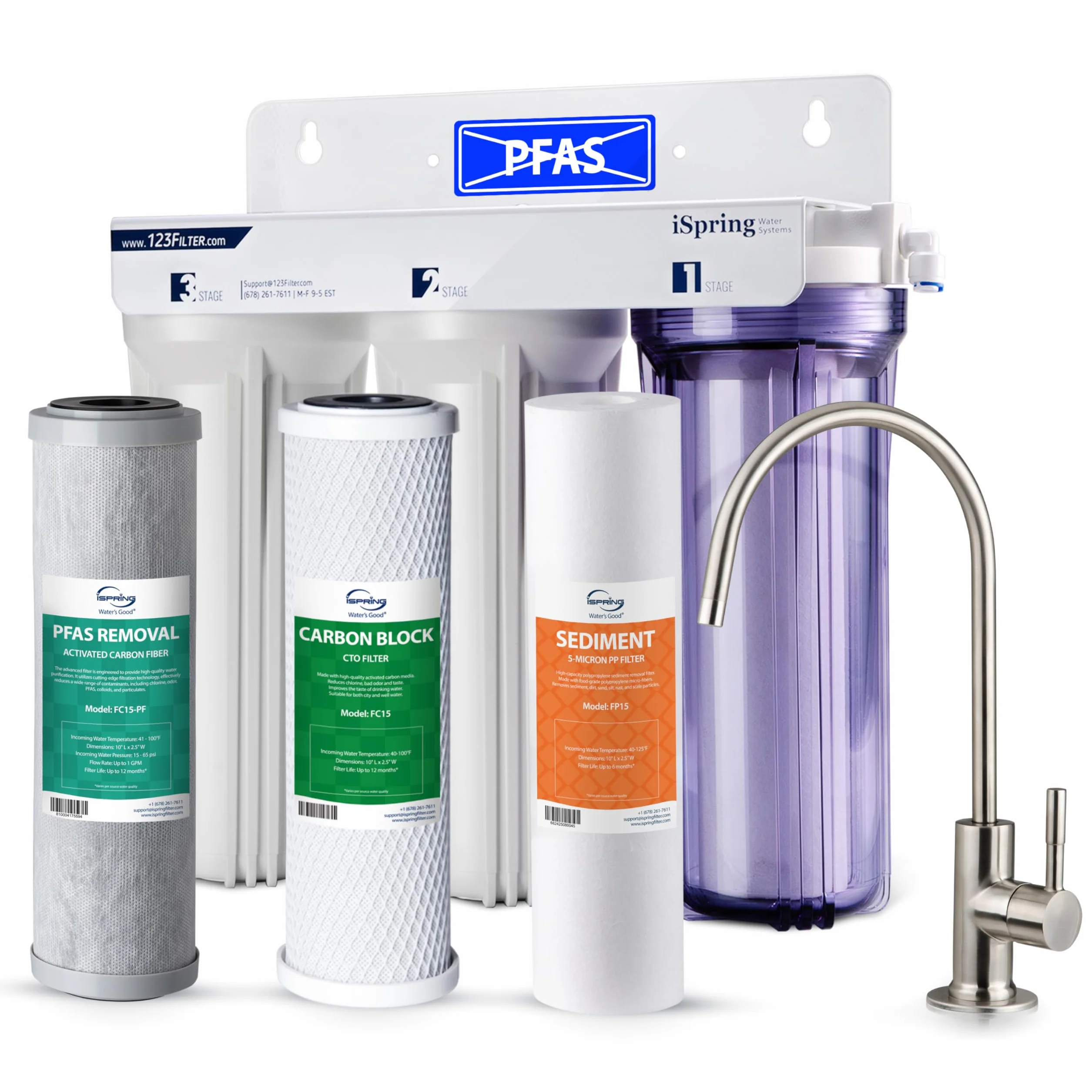 iSpring US31-PF Filtración de Agua Bajo Fregadero de 3 Etapas Clásico para Beber, Reducción de PFAS Probada por SGS, Filtro de Agua sin Depósito, Filtro de Alta Capacidad para Fregadero, Paquete de 1