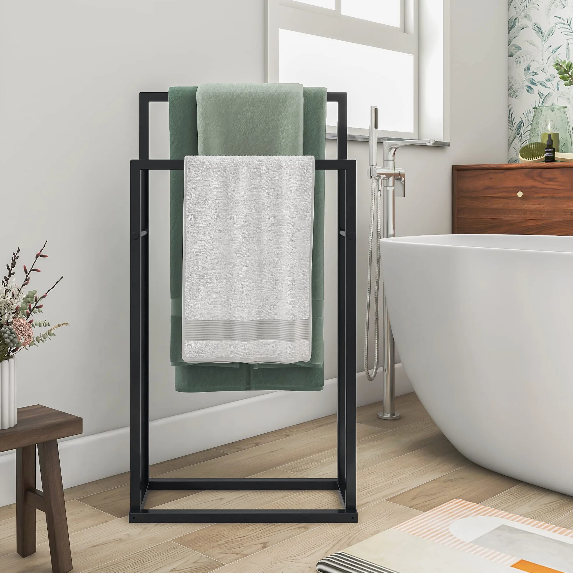 JELUTE Toallero de pie – Organizador de 2 Niveles para baño y Toallas, Accesorios de baño, Color Negro