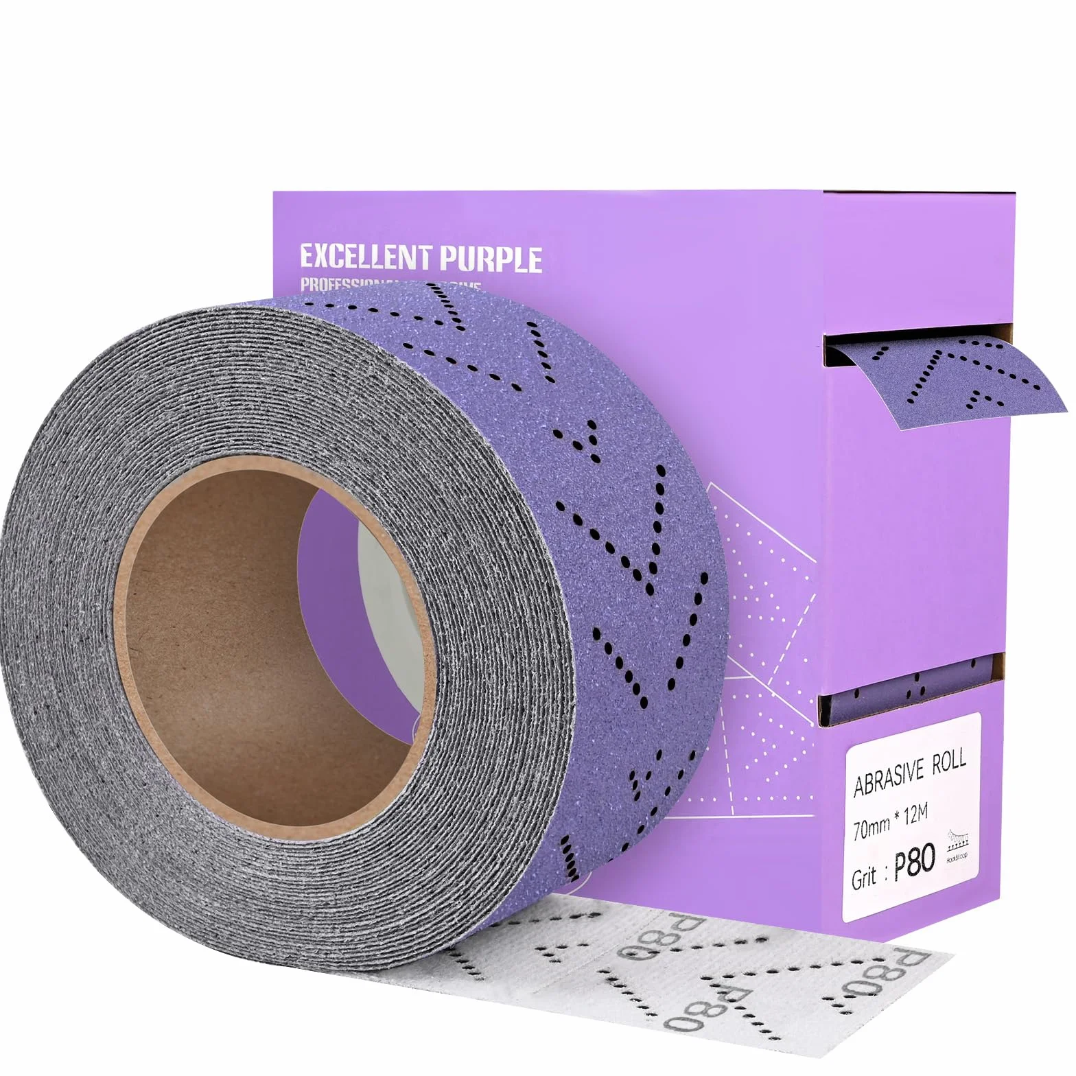 Rollo de Papel de Lija Grano 80, 70mm x 12m Rollo de Hojas de Lija Multi-Hole Precorte Papel de Lijado Cerámicas Morado para Madera, Metal y Pulido de Automóviles