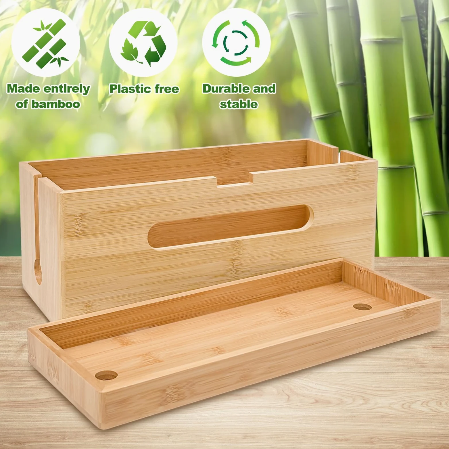 Caja de cables de madera [juego de 2 | grande y pequeño] de bambú sostenible – Caja de gestión de cables para ocultar cables enredados – Caja de enchufe colector de cables, caja organizador