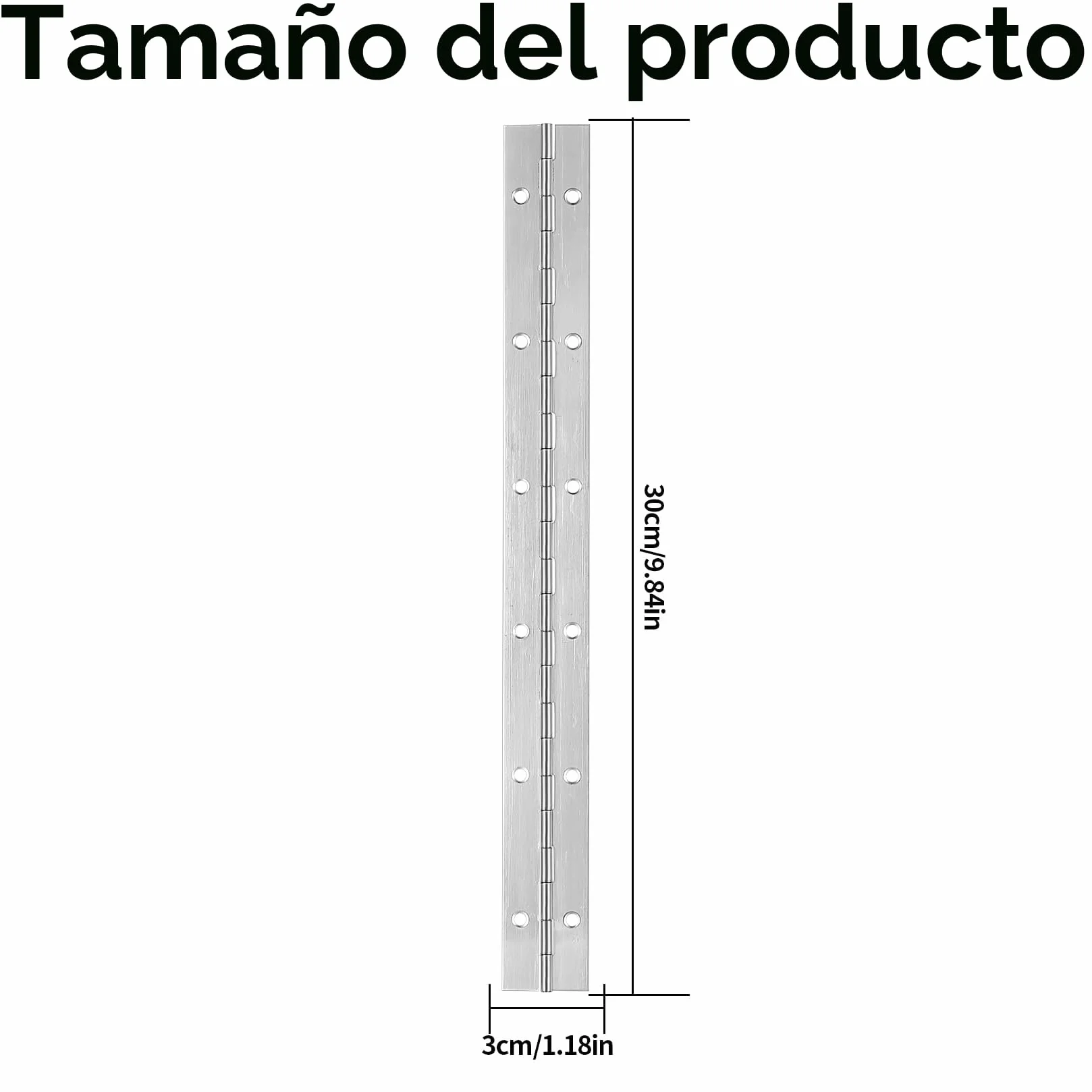 Bisagra de Piano de Acero Inoxidable 30 cm, Plegable con 12 Orificios, Resistente a la Corrosión, Incluye Tornillos