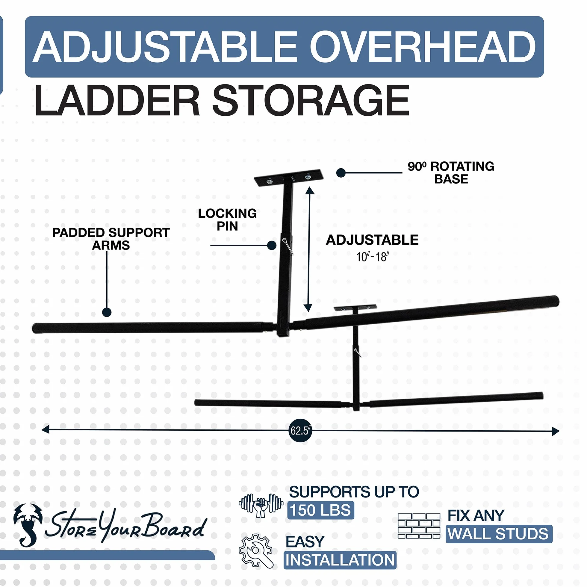 StoreYourBoard Soporte de techo doble escalera, Hi Port 2 garaje almacenamiento y organización, montaje en colgador