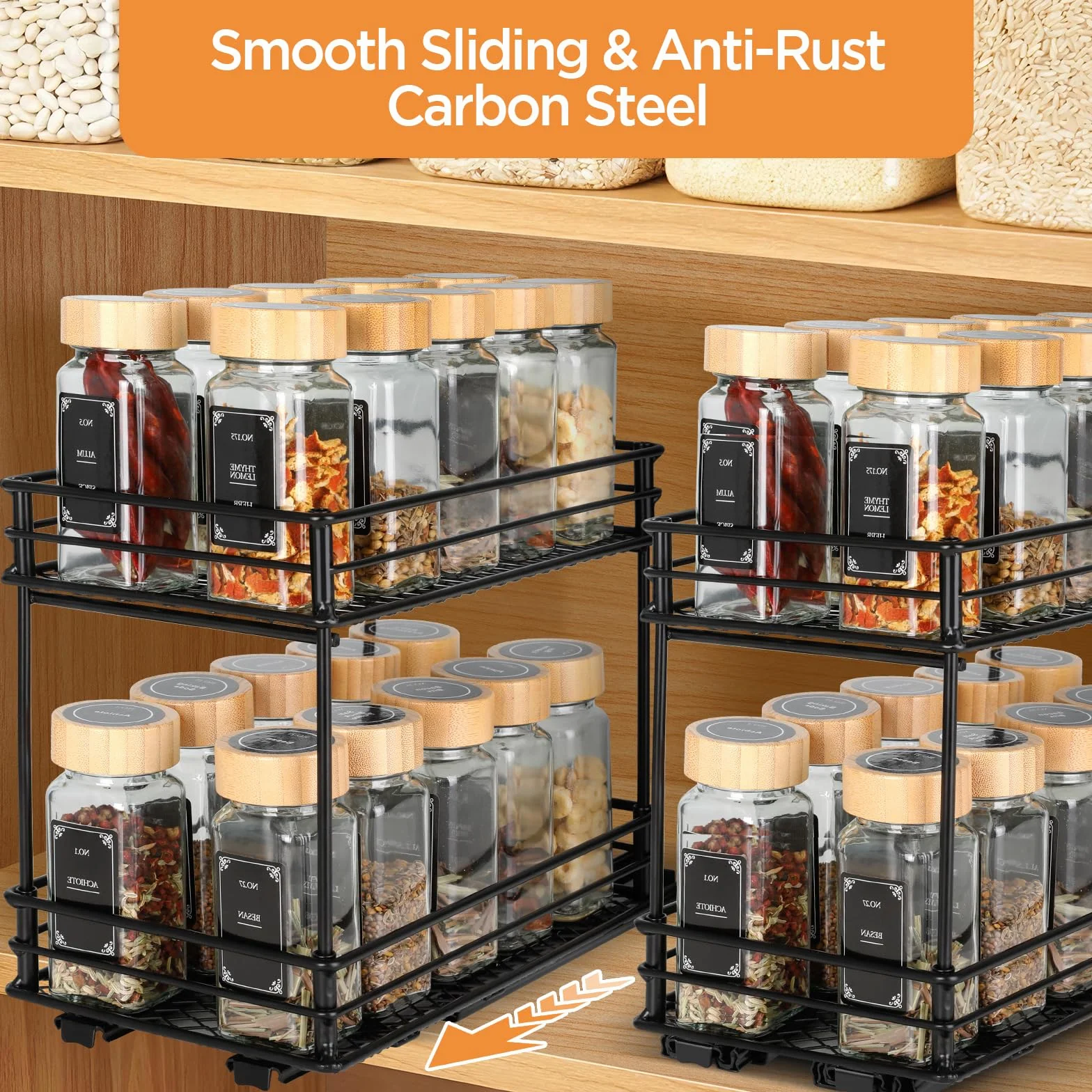 VINATO Organizador Deslizante de Especias de 2 Niveles – Estante para Especias con Guías, Organizador de Cocina para Armario (26x15x21,8 cm)