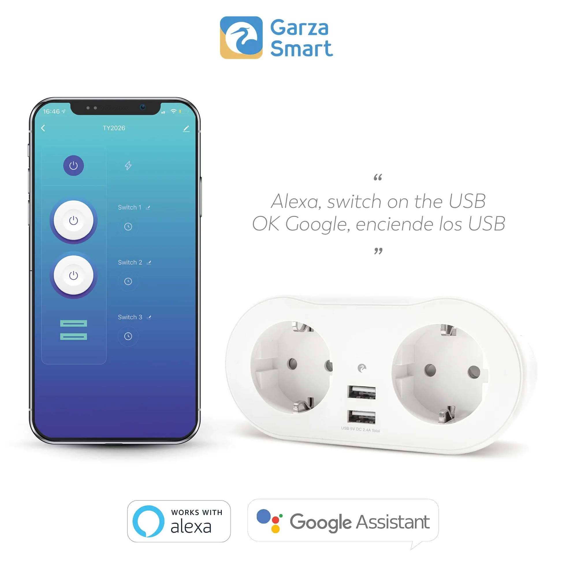 Garza Smart, Enchufe Wifi doble inteligente con 2 tomas y 2 puertos USB, programable, WiFi 2.4 GHz, con medidor de consumo, control remoto por app y por voz Alexa/Google, color blanco