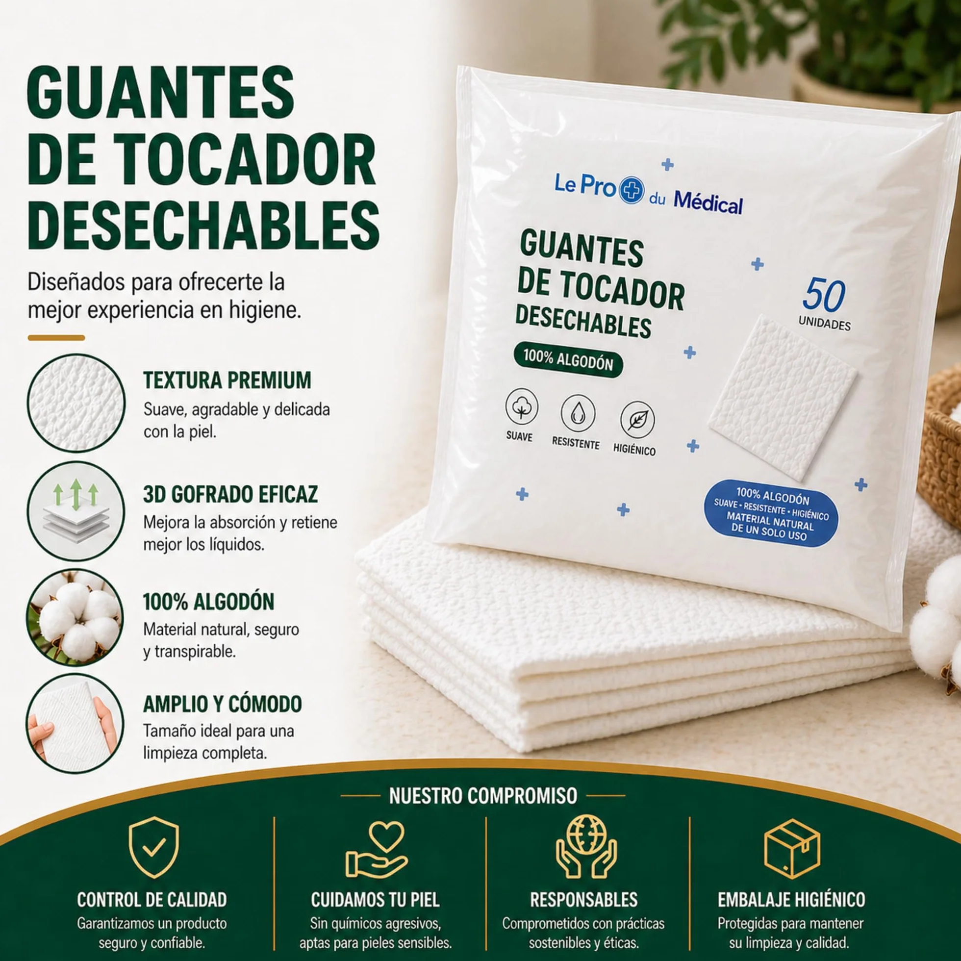 300 Guantes de Baño Desechables Ultra Suaves - No Tejidos Acolchados - Cuidado Médico e Higiene - Blanco - Le Pro del Médico