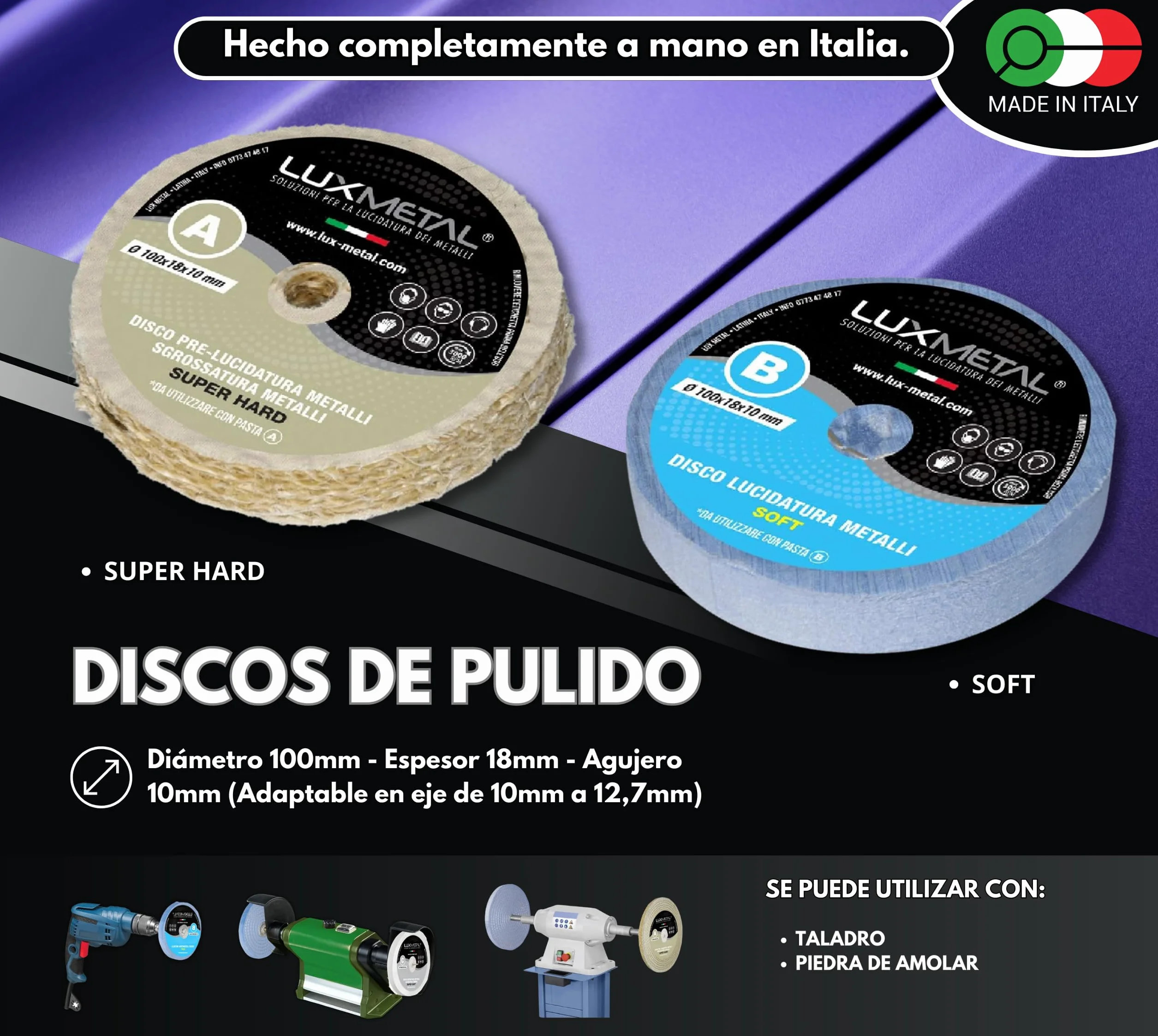 Lux Metal - Kit de Pulido 2 Pasta de Pulido Abrasiva de 250 g y 2 Discos de Pulido 100 mm Sisal Algodón Discos Broca para Pulir Metales Acero Inoxidable Aluminio Set de Pulido Latón Cobre Rueda