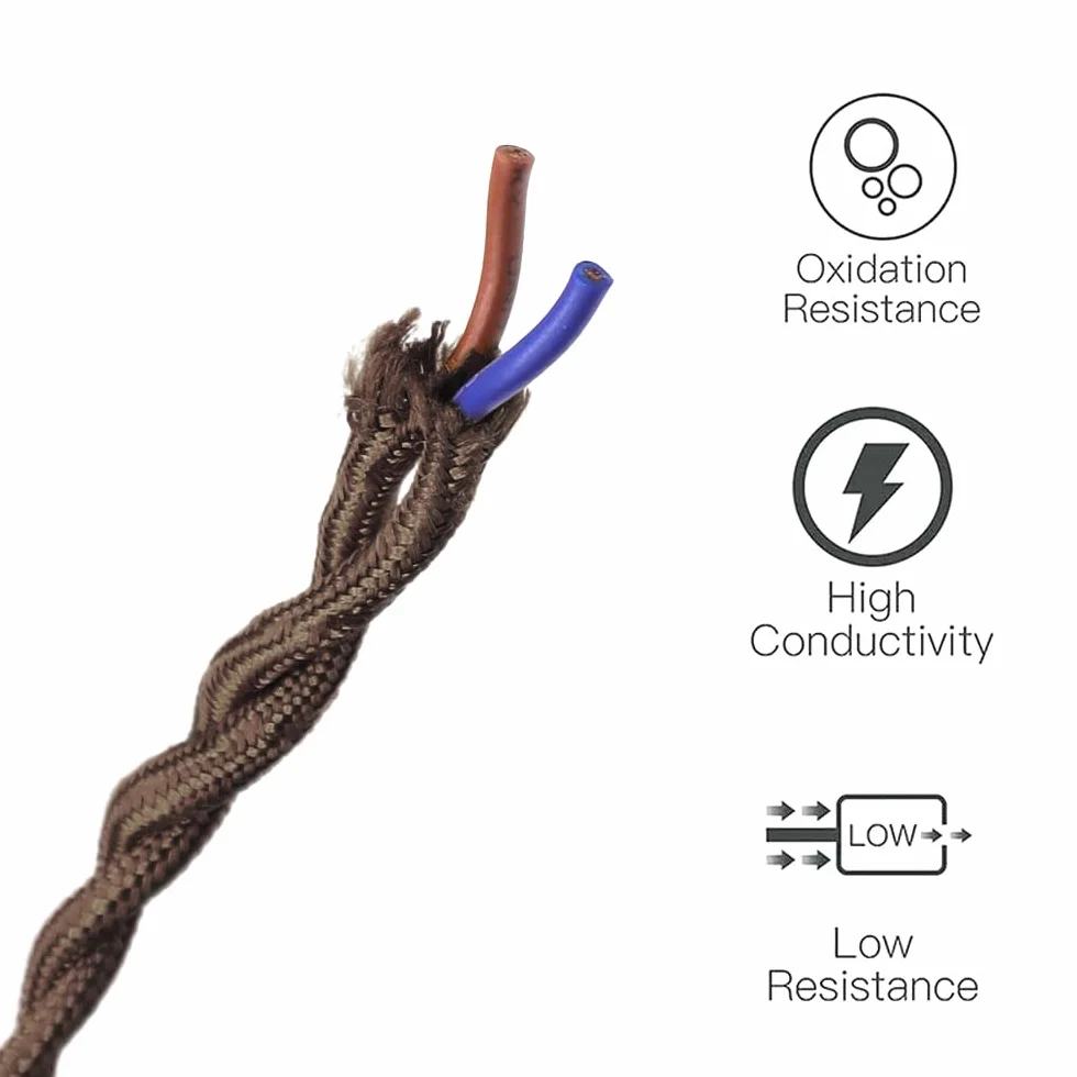 10 Metros de Cable Textil de Lino Vintage Marrón Cable Eléctrico Tejido Flexible Adecuado Para Lámparas y Accesorios de Iluminación de Bricolaje(2 * 0,75 mm²)