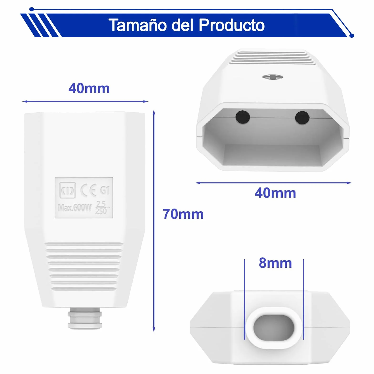Conectores europeos planos Schuko 250V IP20 goma protección contra torceduras 4 piezas blanco