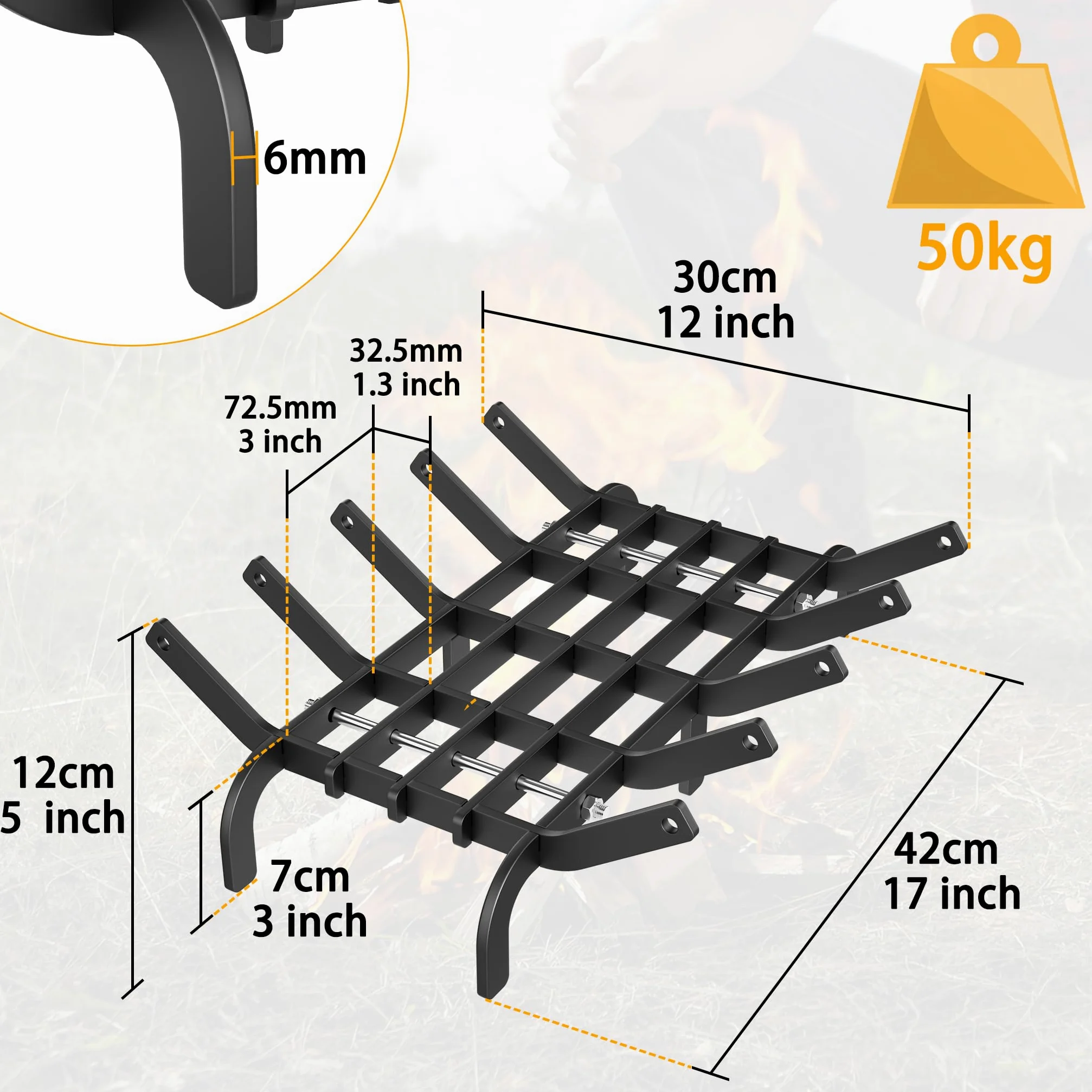 Froadp Parrilla para leña de chimenea Parrilla robusta para chimenea de acero rico en carbono Parrilla de fuego para chimenea leña leña de chimenea soporte para madera con pies soporte para leña para