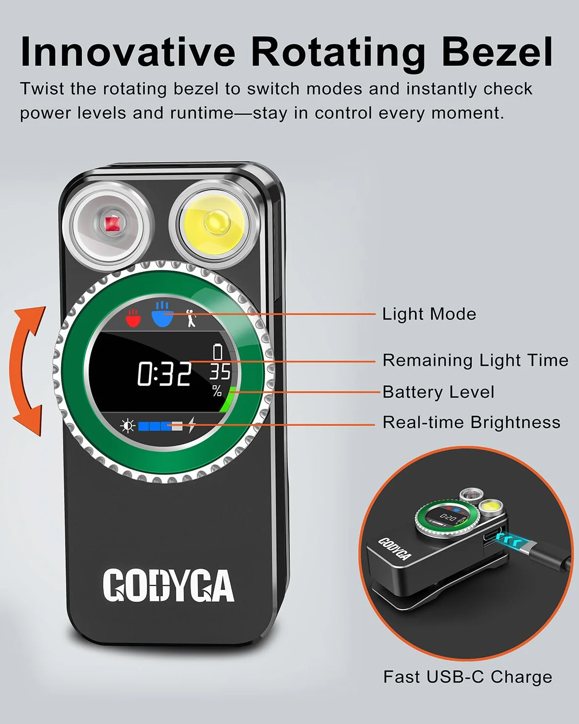 Godyga Linterna LED Recargable 2 en 1, Mini Linterna con Luz Blanca y Roja, Contador de Golf Manual, 500 Lúmenes, USB-C, Clip Magnético, para Golf, Camping, Senderismo y Emergencias