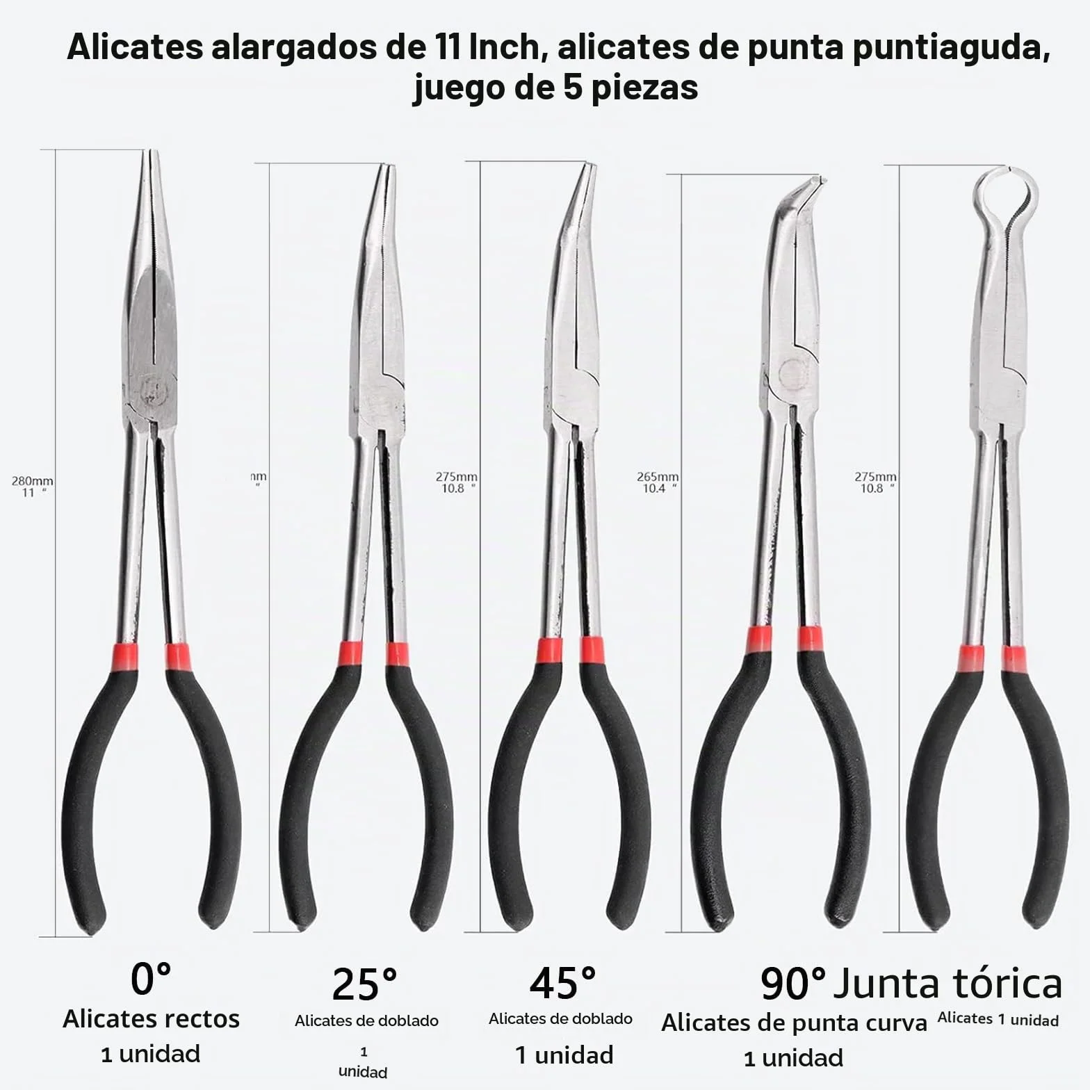 Juego de 5 Alicates de Punta Recta de Aguja de Precisión de 11 Pulgadas Alicates de Largo Alcance Circulares de Largo Alcance, para Carrocería de Automóvil