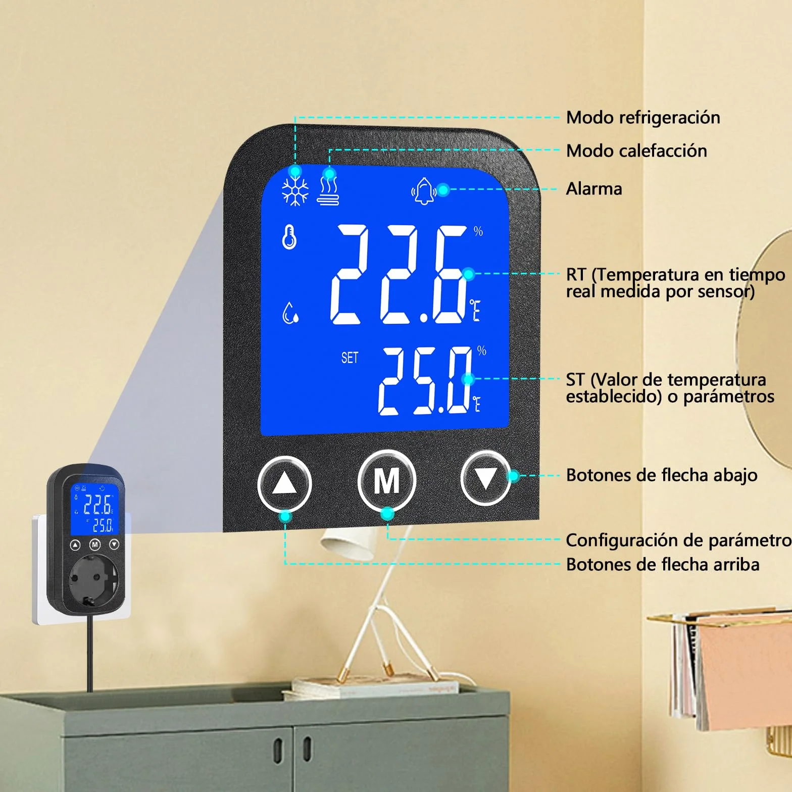 KETOTEK KT2000 Controlador de Temperatura Digital con Sonda Impermeable – Termostato de Enchufe para Calefacción y Refrigeración – para Reptiles, Acuario, Terrario, Invernadero