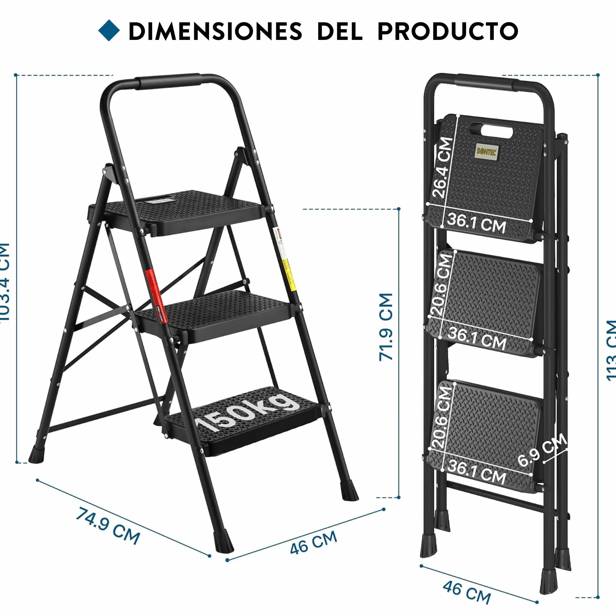 BONTEC Escaleras Plegables de 3 Escalones, Capacidad de 150KG con Pedales Antideslizantes Anchos, Taburete Escaleras de Mano de Acero, Manubrio de Esponja, Uso en Interiores y Exteriores, Negro