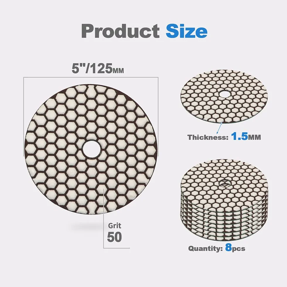 HIGHDRIL Almohadillas Pulido Diamante Seco - 8piezas #50 Almohadillas Lijado 125MM para Granito Piedra Mármol Suelo Grinder Pulir Almohadilla Kit para Taladro, Amoladora, Pulidora
