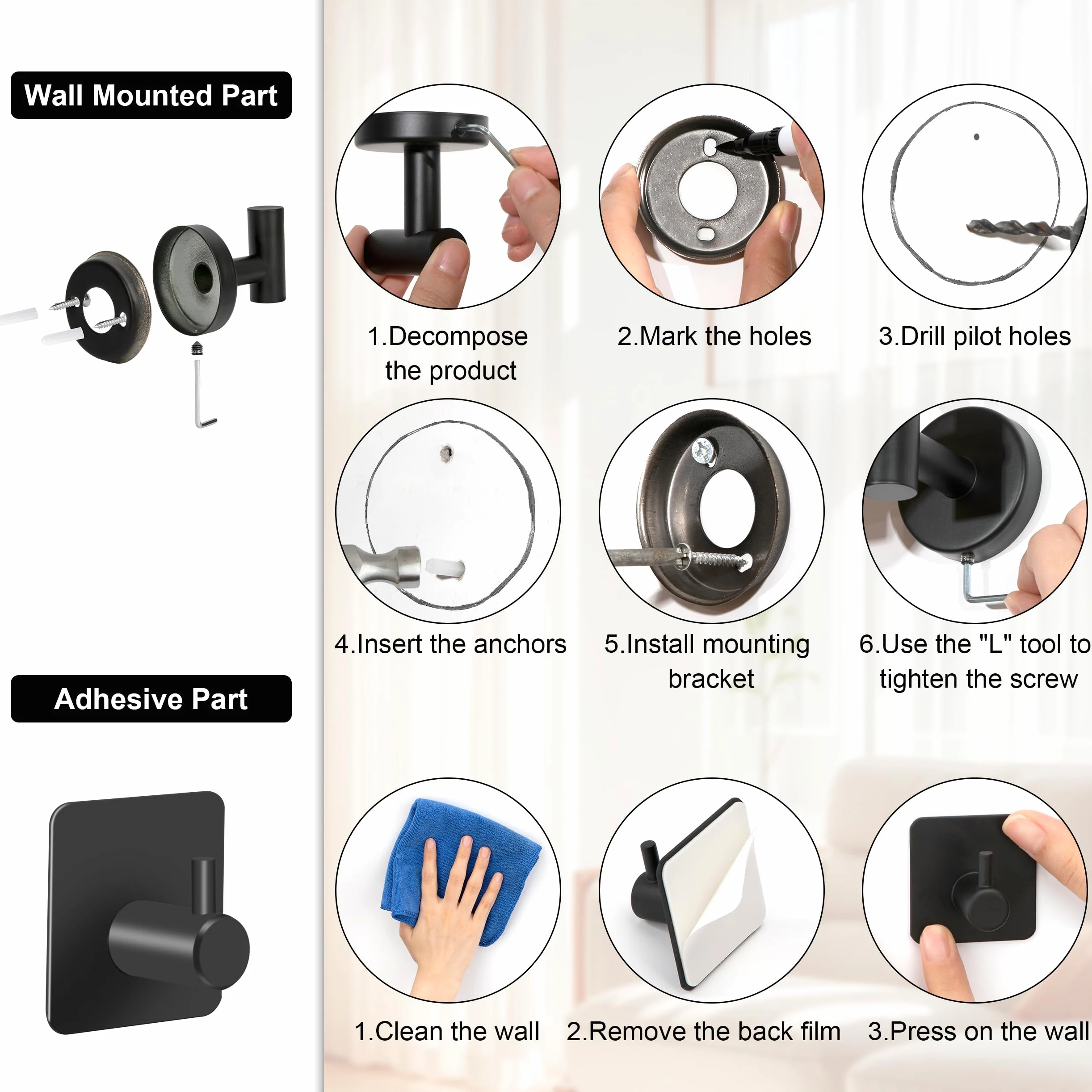 Juego de Toallero de Baño Juego de Herrajes de Baño de Acero Inoxidable Ganchos para Bata para Baño y Cocina 5 Piezas (Negro)
