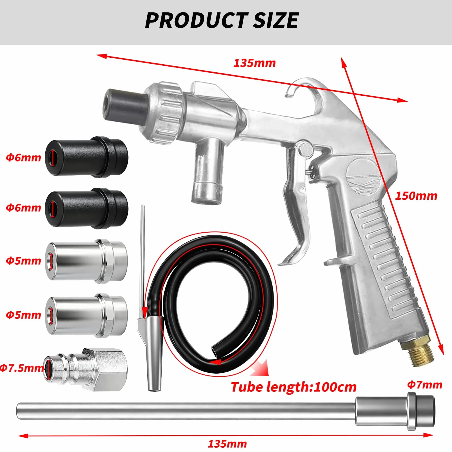Juego de pistola de chorro de arena de aire comprimido, pistola de chorro de arena con 1M de entrada sifónica, boquillas de chorro de arena de metal de calibre 5MM-6MM, adecuadas para equipos de