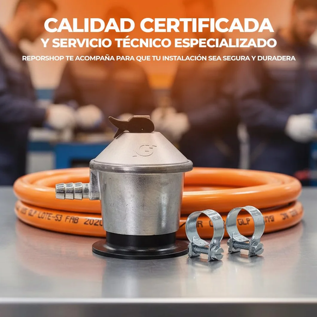 Kit Completo para Instalaciones de Gas Butano y Propano - Regulador de Gas 2,5 kg/h - Manguera Butano 1,5 mt 9-15 mm - 2 Abrazaderas
