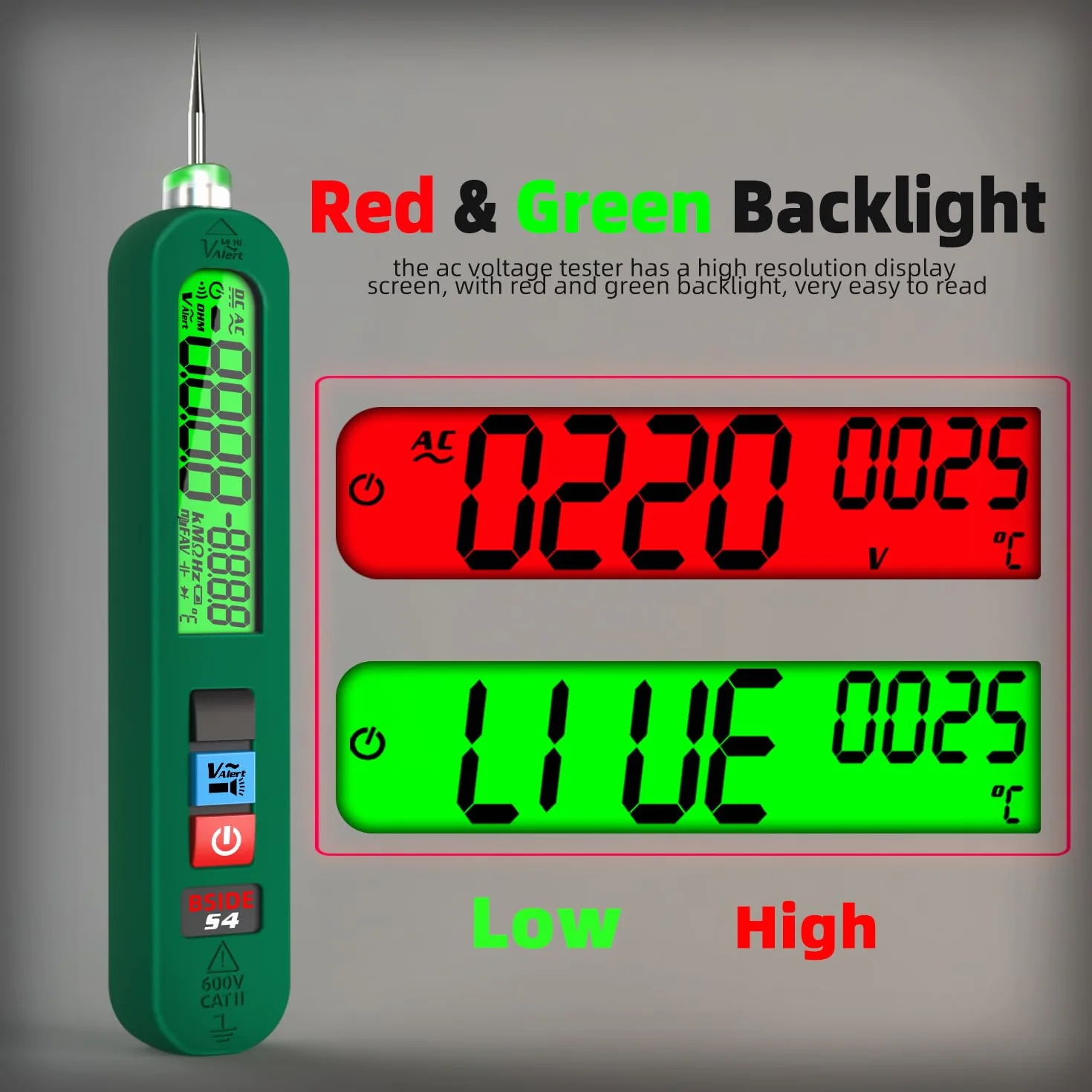 BSIDE S4 Bolígrafo Detector de Voltaje Sin Contacto AC 12V-300V Recargable con LCD y Linterna