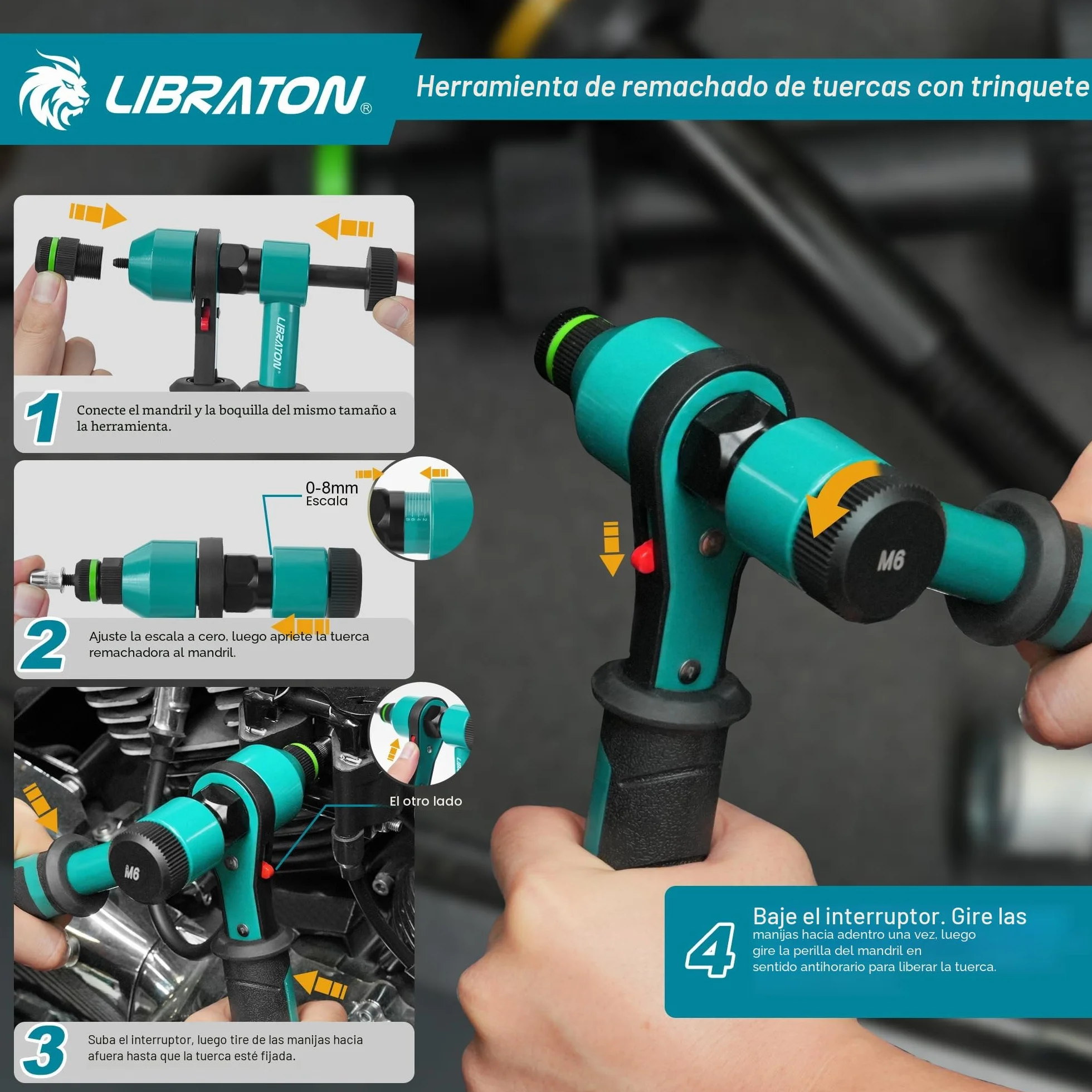 LIBRATON Remachadora de Tuercas, Remachadora de Tuercas Profesional con Trinquete, Pistola de Remachadora Manual con 5 Mandriles Métricos, 5 Boquilla de Tuerca, 50 Piezas Tuercas Remachables, Caja