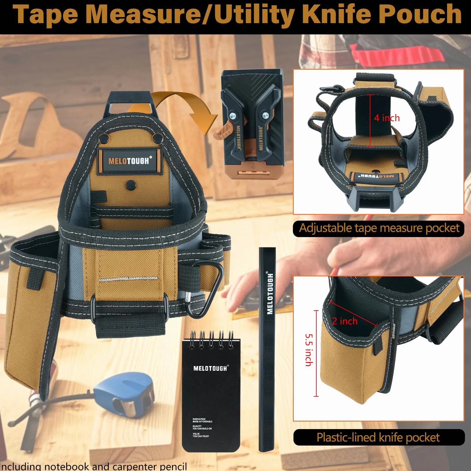 MELOTOUGH Bolsa de cinta métrica/bolsa para cuchillos utilitarios, bolsa para cinturón con clip para cinturón, soporte de bolsillo para cuchillos para electricistas, carpinteros, contratistas