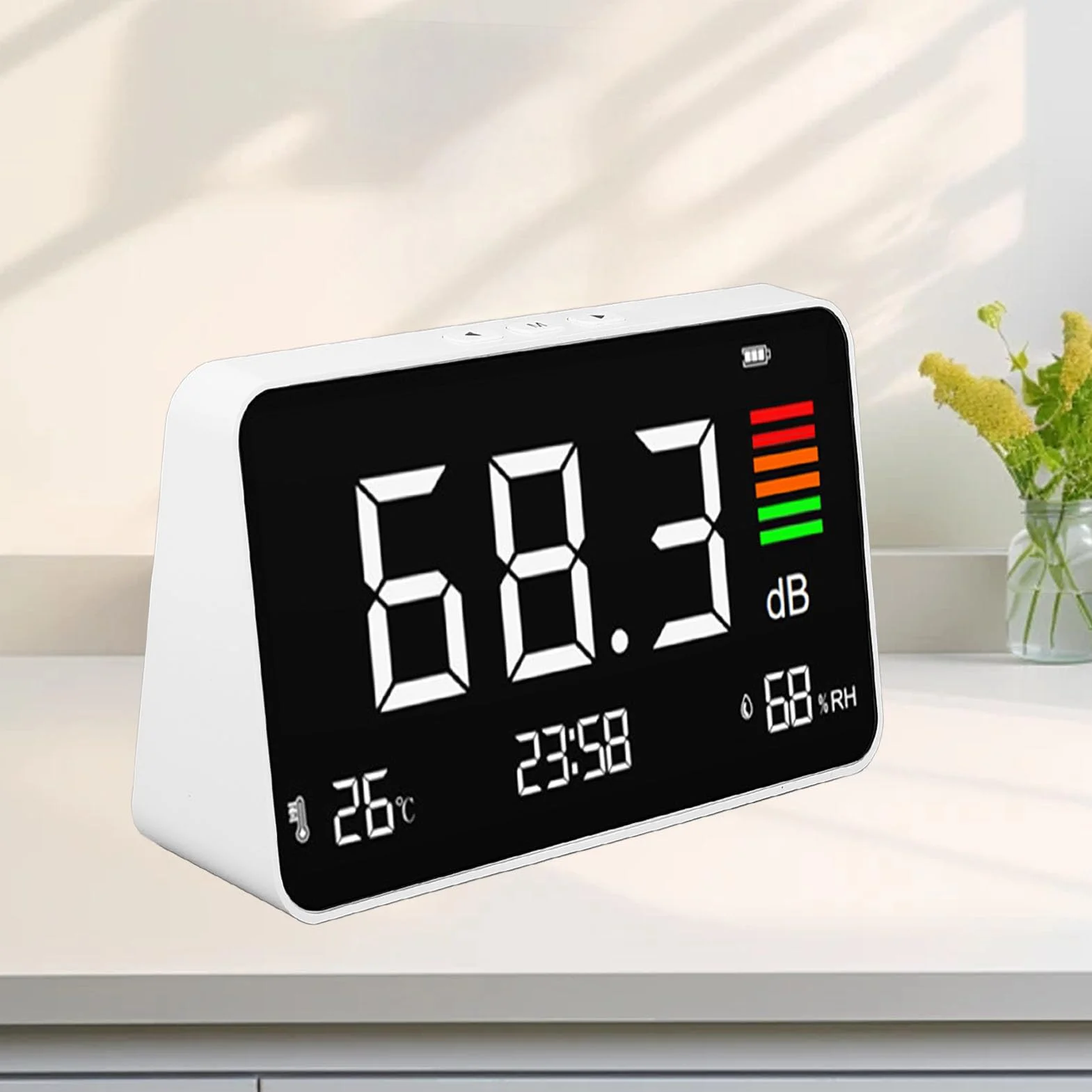 Medidor Digital de Decibelios, Medidor de Nivel de Sonido de Escritorio 30-130dBA con Detección de Humedad de Temperatura, Pantalla LED Medidor de Humedad de Temperatura de