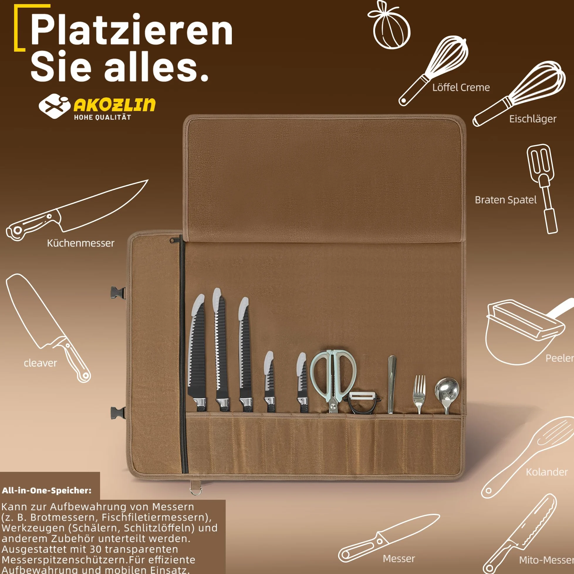 AKOZLIN Bolso de Cuchillo para Cocineros,marrón,10 hendiduras | tela de vela crecida,1 grande bolsillo de cierre, cinturón ajustable,30 gorros de protección de cuchillo,portátil