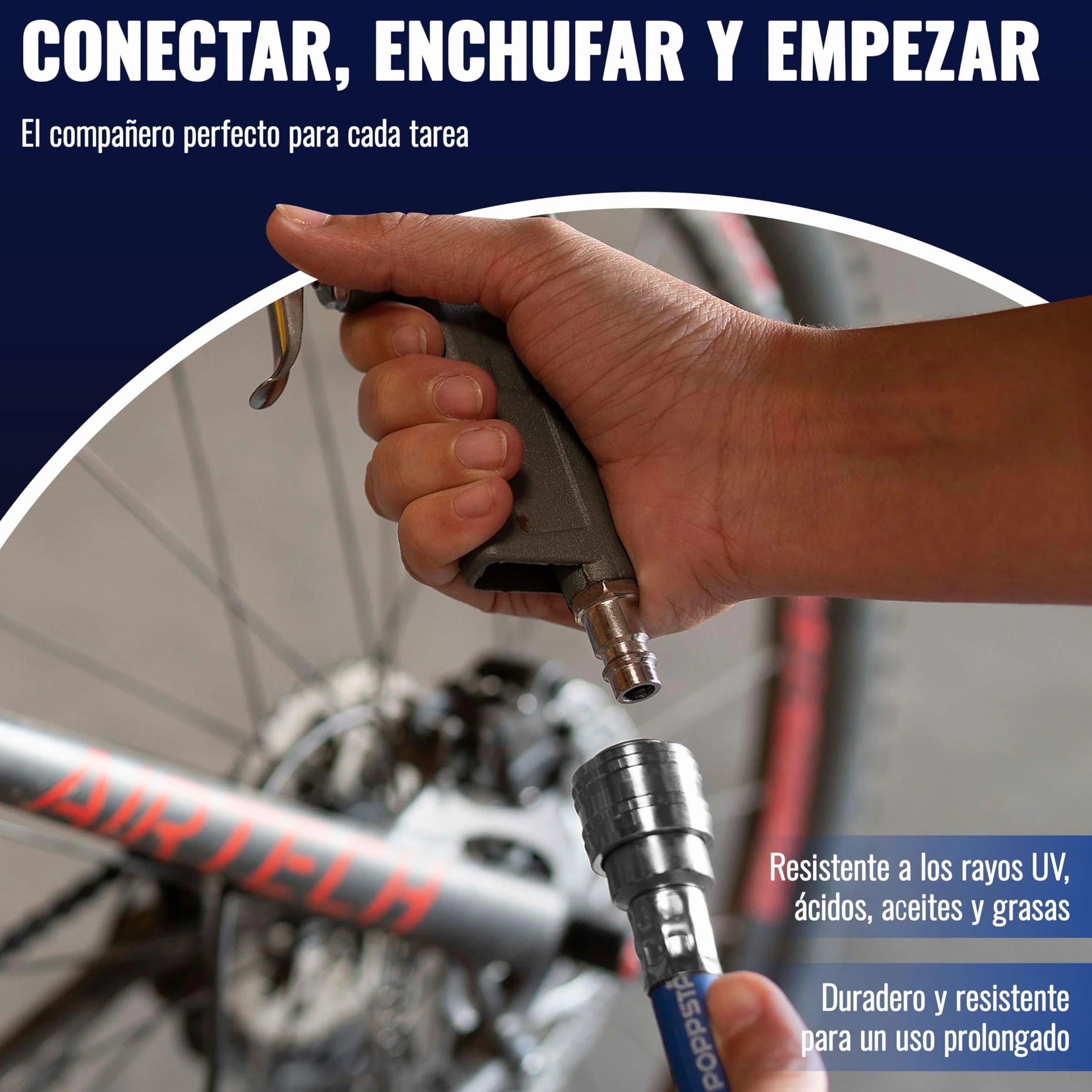 Poppstar Manguera Compresor Aire 5m (PVC híbrido con tejido, diámetro interior 9,2mm con acoplamiento rápido y conector de manguera), hasta 20 bar, azul