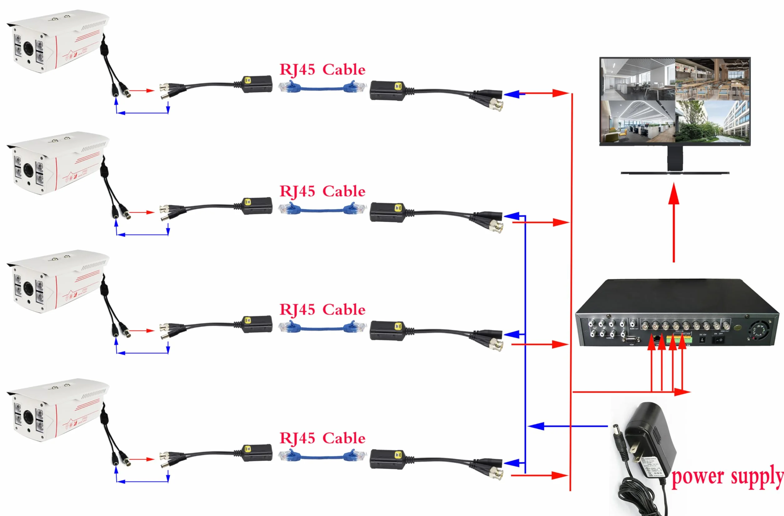 HD Video Balun BNC Macho a RJ45 Hembra Full HD RJ45 Hembra a BNC/DC Adaptador Cámara de Vigilancia Analógica Transceptor de Red para Todos los Equipos de Video (16.5 cm/4 pares)
