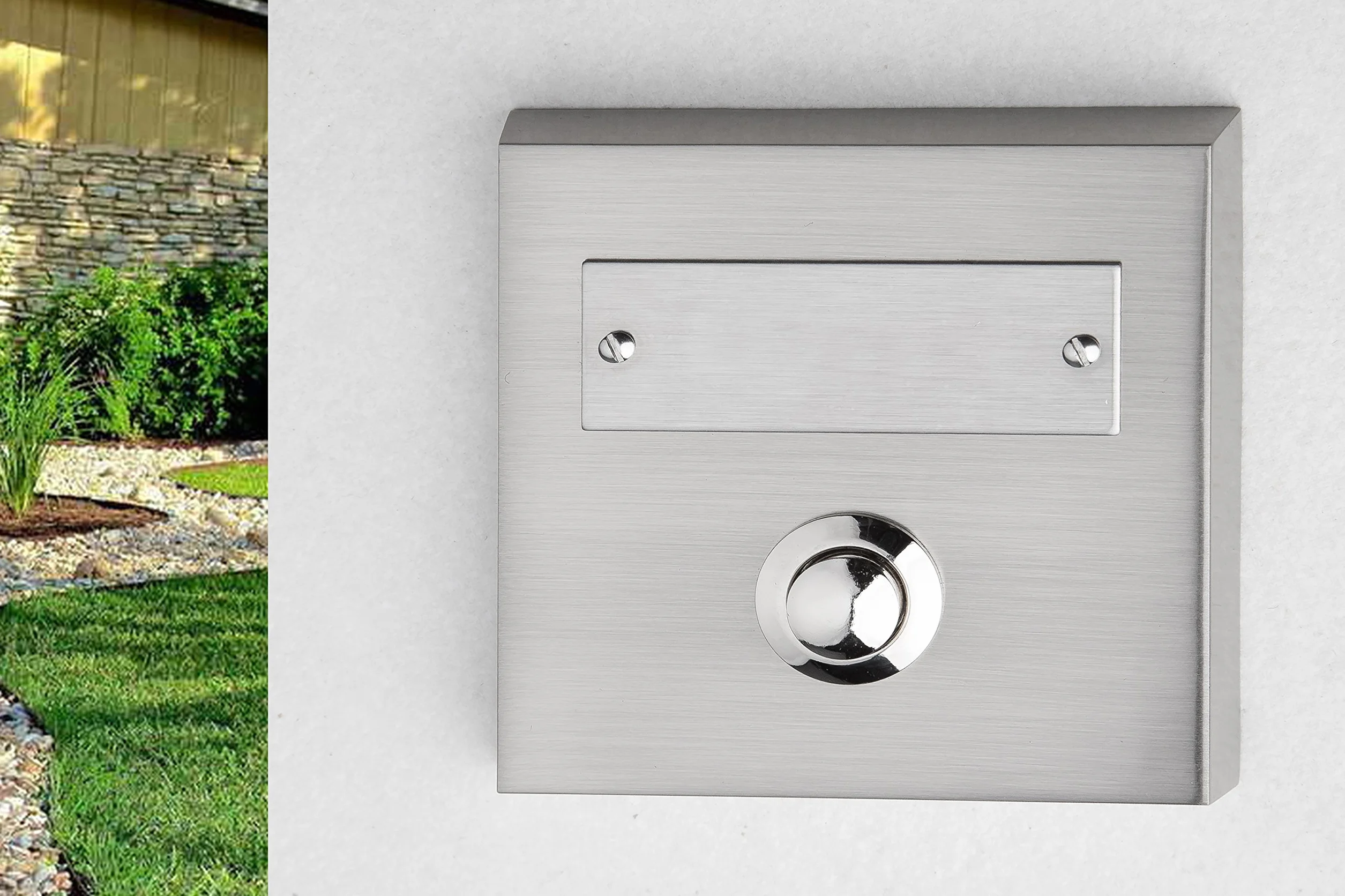 HUBER Pulsador de timbre de superficie de metal - con placa de identificación - timbre de superficie I pulsador de latón cromado - timbre puerta frontal