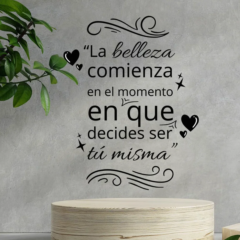 Pegatina Decorativa Peluquería Vinilo decorar salón de peluquería y barber shop. Decoración salón belleza pegatinas pared (LA BELLEZA COMIENZA)
