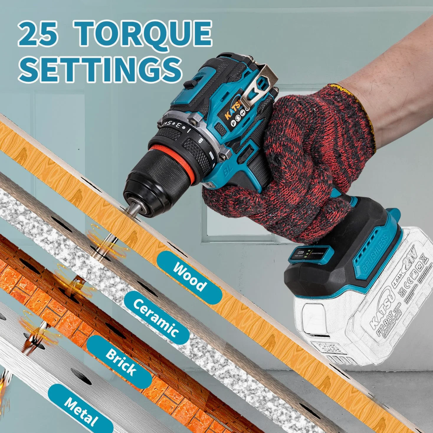 KATSU FIT-BAT de 21 V Taladro atornillador de impacto inalámbrico sin escobillas, portabrocas de 13 mm, sin batería 102624