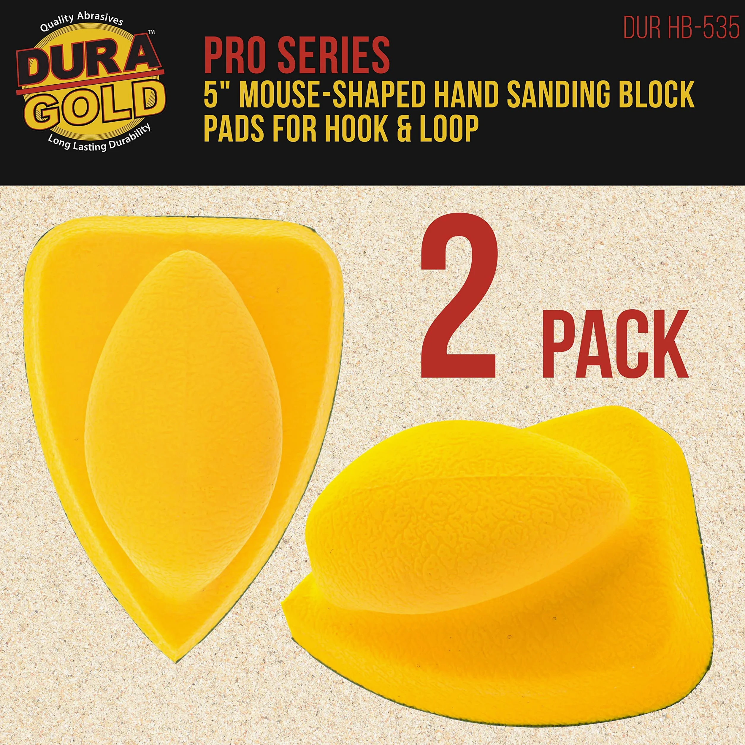 Dura-Gold Pro Series - Bloque de lijado a mano con forma de papel de lija para discos de lija de tamaño de ratón con velcro, paquete de 2, almohadilla de lijadora para preparación de pintura de