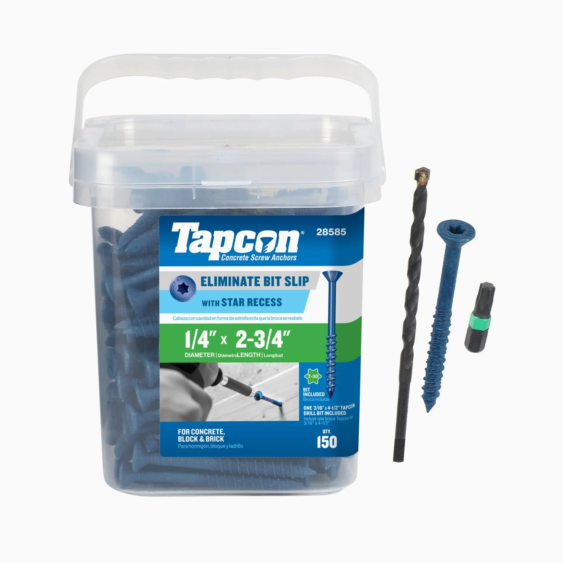 Tapcon 28585 - Anclajes de hormigón con cabeza de corneta azul Star Drive 1/4 x 2-3/4 150/caja