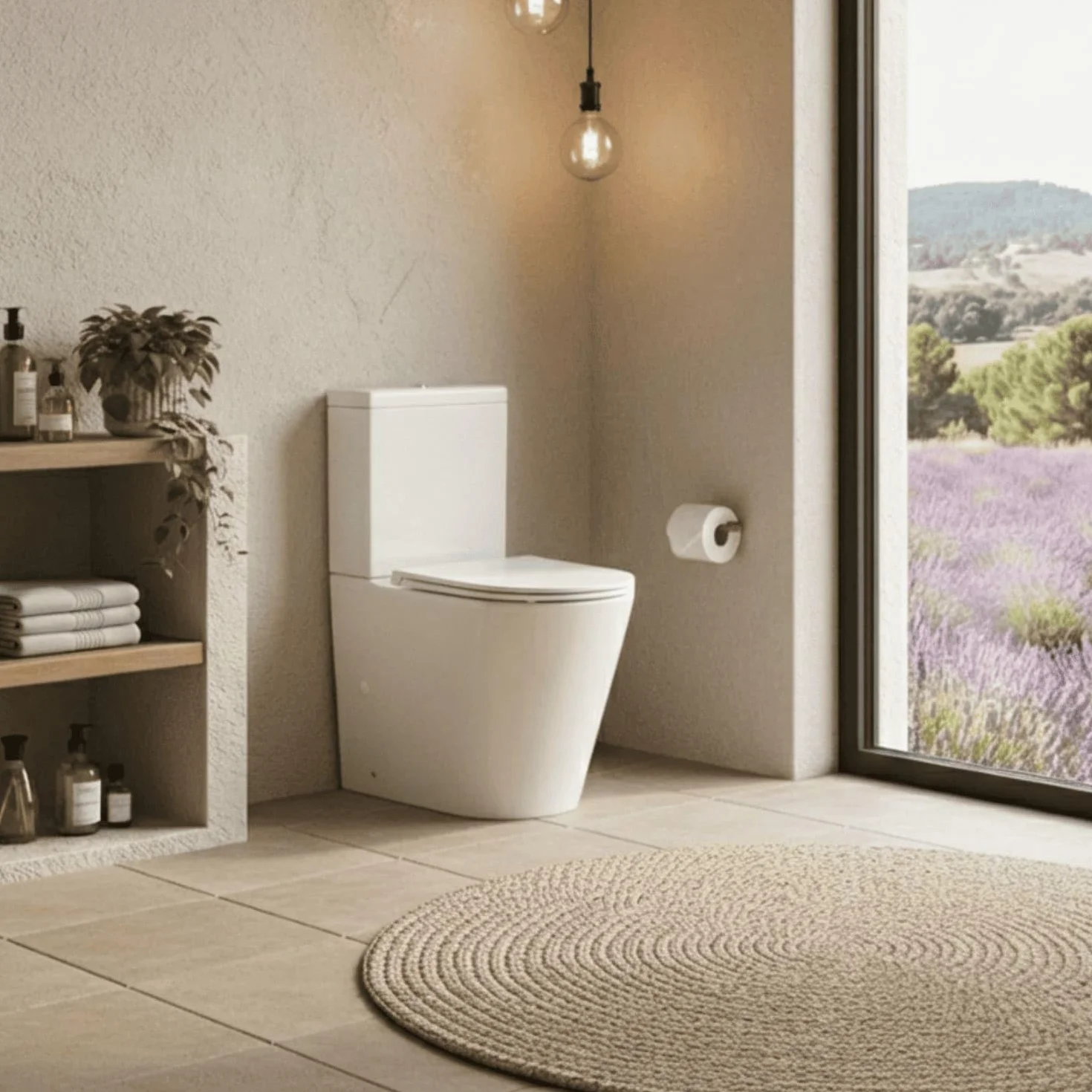 SOULHOME - Pack Inodoro Completo Rimless WC (BLANCO BRILLO) Tapa Amortiguada Slim - Salida Dual con doble descarga eco, Pulsador color Dorado