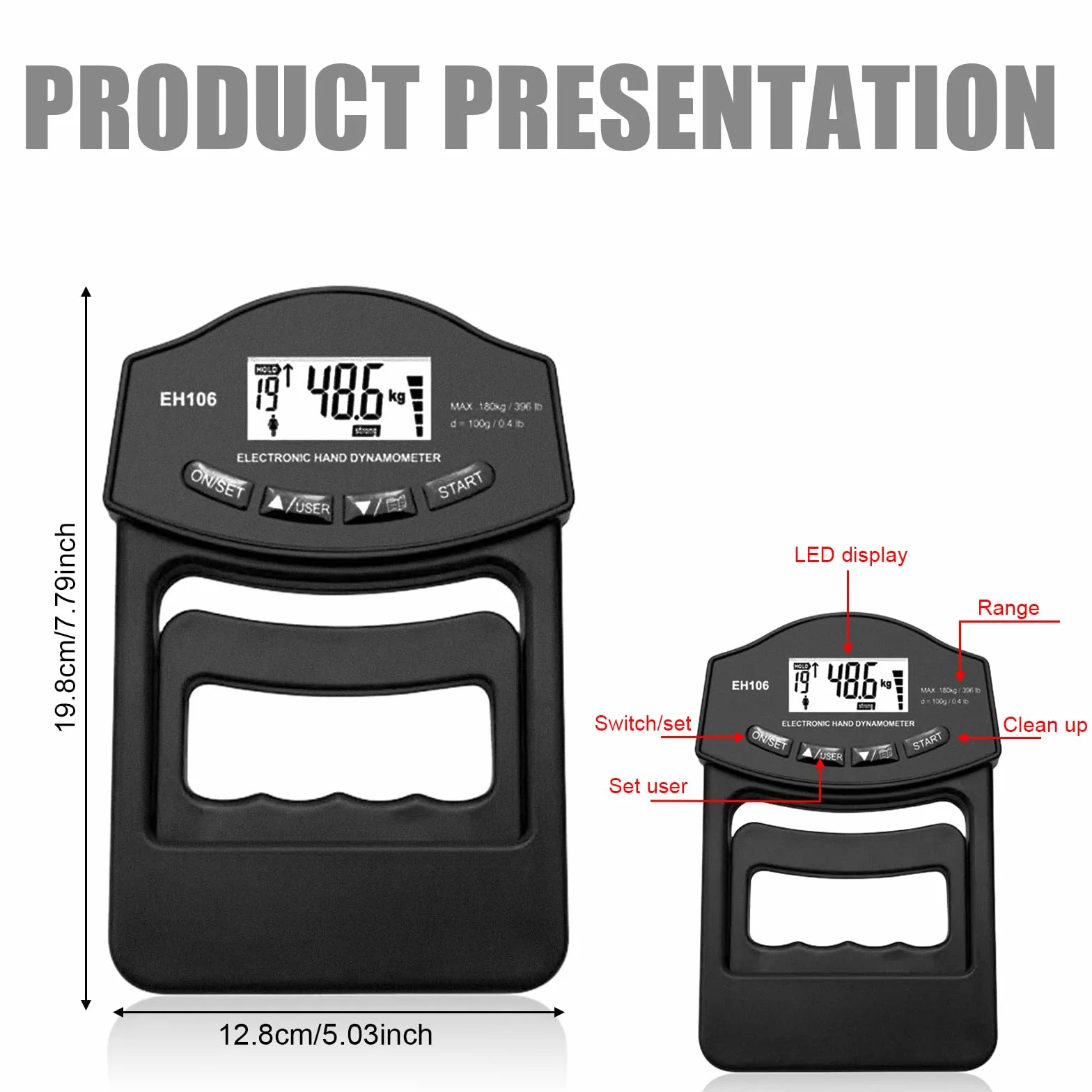 Dynamómetro de mano digital, 180 kg/316 libras, con 19 juegos de placas individuales, agarre inteligente, fuerza de agarre, medidor de fuerza de agarre electrónico, pantalla LED grande