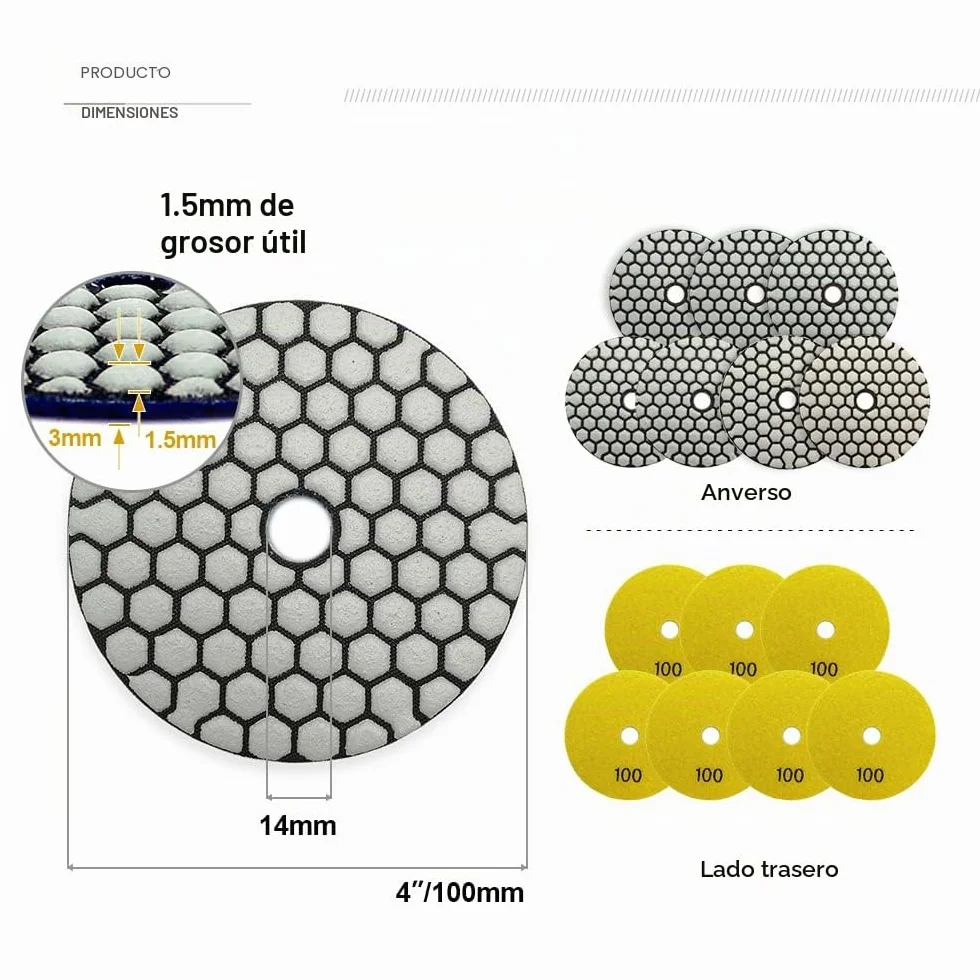 SHDIATOOL Diamante Almohadilla de Pulido 7 Piezas Grano 100 para Pulir en Seco Mármol Granito Piedra Cerámica Dia 100mm/4 Pulgadas